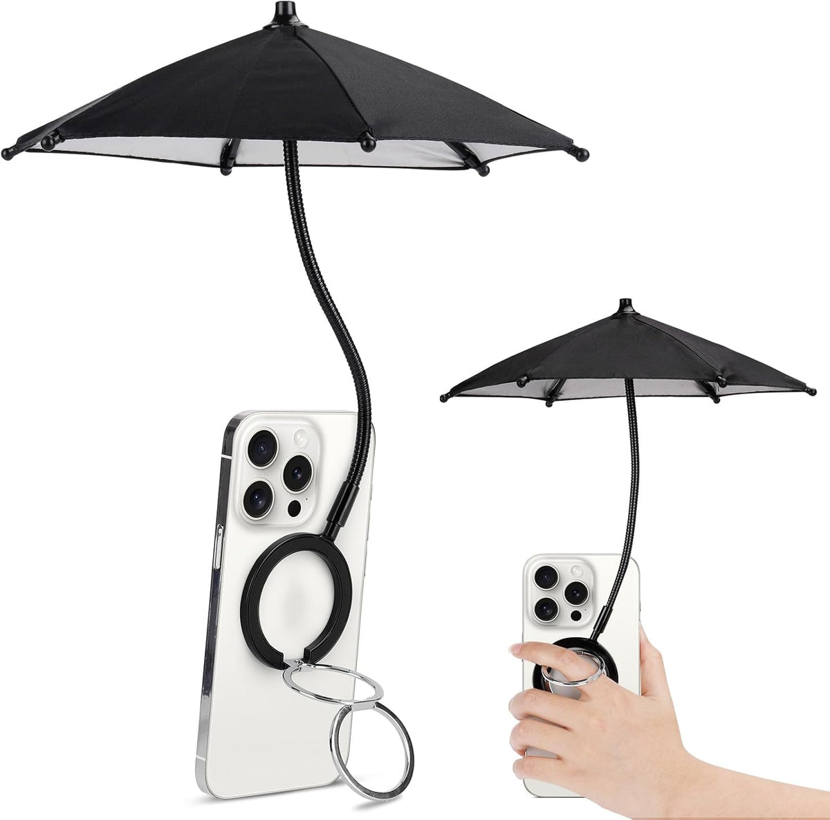 Magnetic Umbrella Phone Stand for Sun Protection,Adjustable Sun Shade Shield for iPhone 16/15/14/13/12 Pro Max,Samsung & Google,Detachable Ring Stand,Heat-Resistant Design,Car Mount Compatible, Black