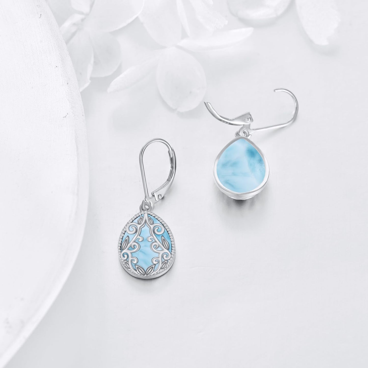 Larimar Earrings Sterling Silver Filigree Teardrop Boho Dangle Earrings Jewelry Gifts for Women