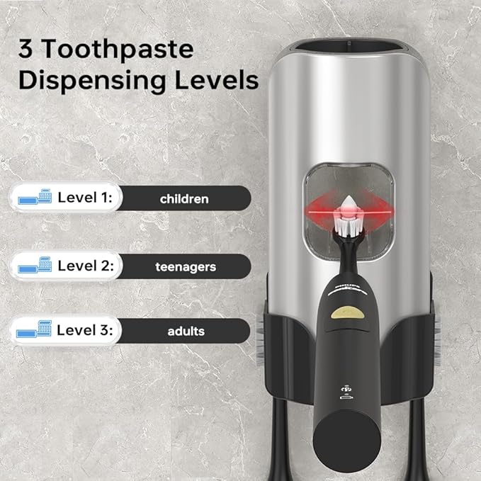 Automatic Toothpaste Dispenser Wall Mounted - Hands-Free Toothpaste Squeezer with 3 Speed Settings, 2 Toothbrush Holders & Strong Adhesive - Smart Bathroom Organizer for Kids and Adults