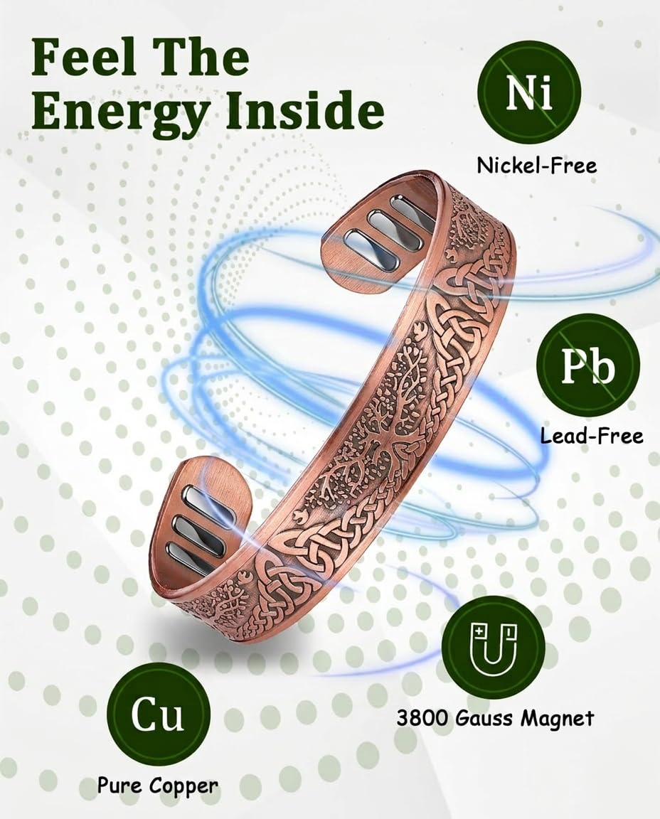 MagEnergy Copper Bracelet for Men, 9X Strength Magnetic Bracelet with 5000 Gauss Magnets, 99.99% Pure Solid Copper, Men's Jewelry Gift