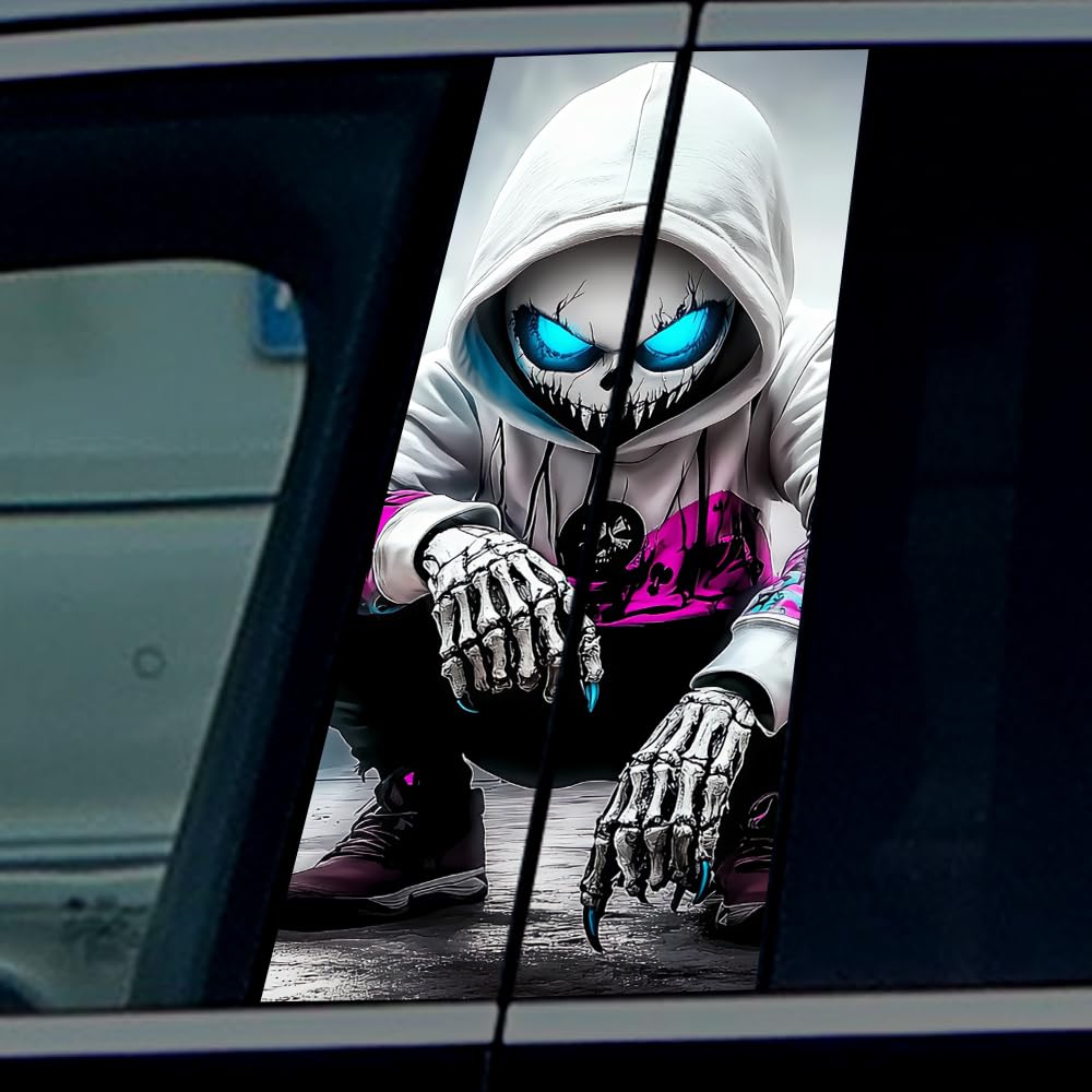 2 Pack Horror Child Killer Sticker,Spider Wolf Car Center Pillar Decals,Scary Car B-Pillar Stickers Door Window Posts Trim 11in*18.89in (Skull Child)