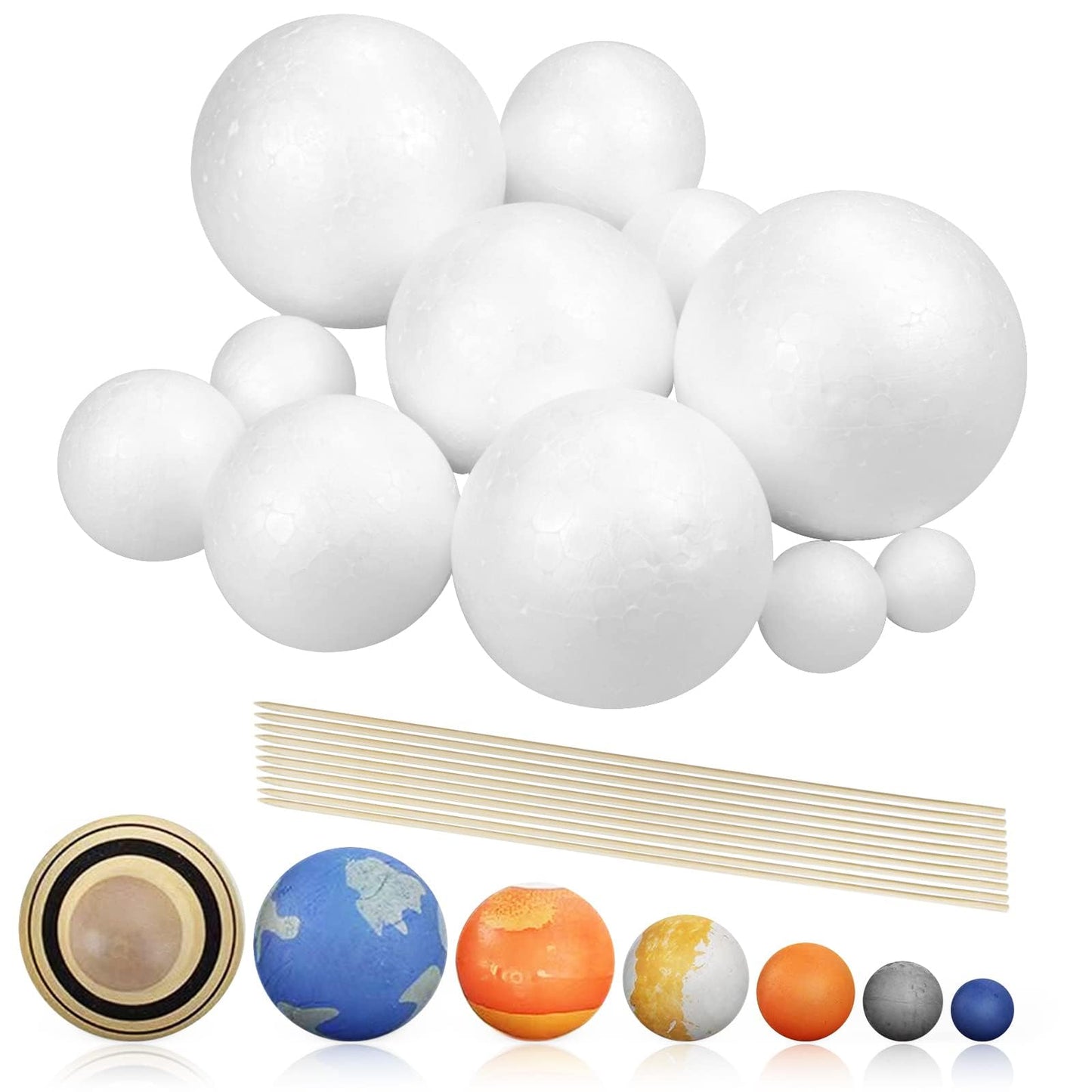 Fansunta 24PCS Solar System Model Foam Ball Project Kit, Planet Model Crafts Includes 14 Sized Polystyrene Spheres Balls, 9.5" Bamboo Sticks for School Science Projects