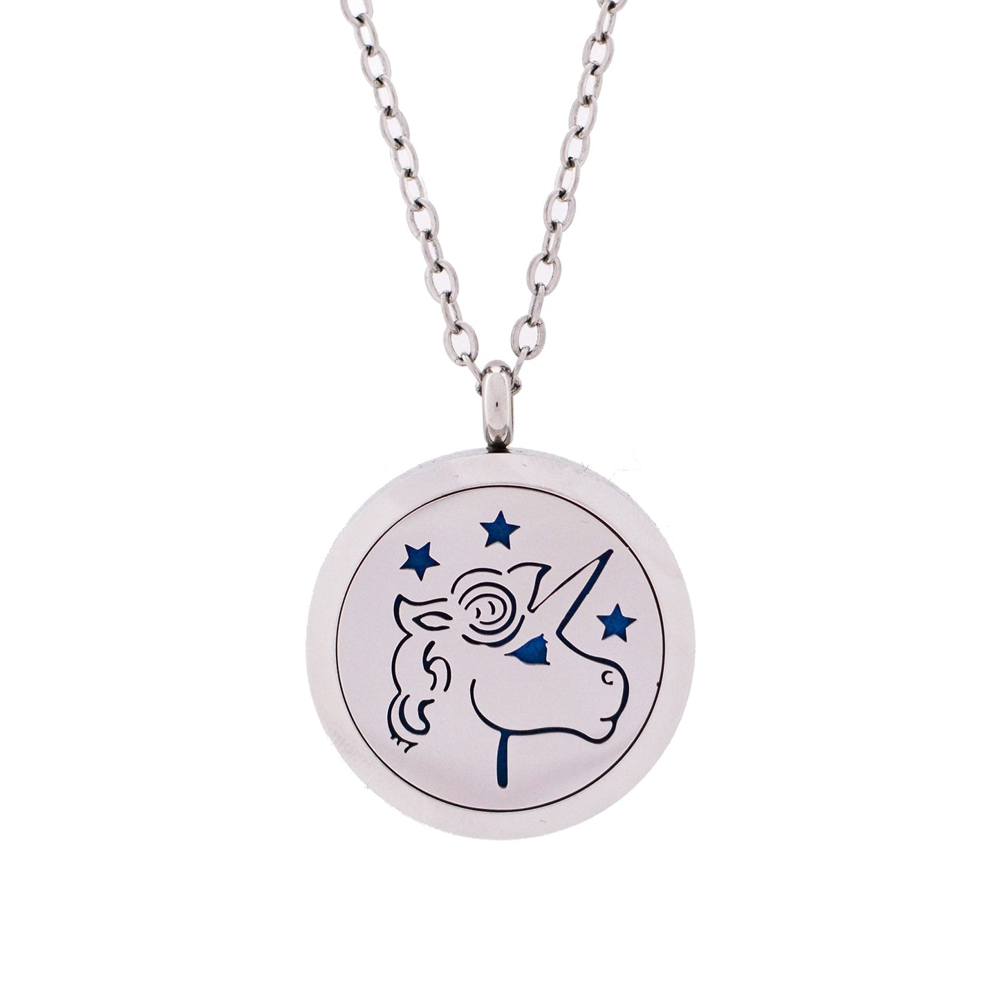 Aromatherapy Essential Oil Diffuser Stainless Steel Silver Magnetic Locket Pendant 2 Sizes Chain Necklace, Refill Pads & Diffuser Bracelet in a Velvet Bag (Unicorn)