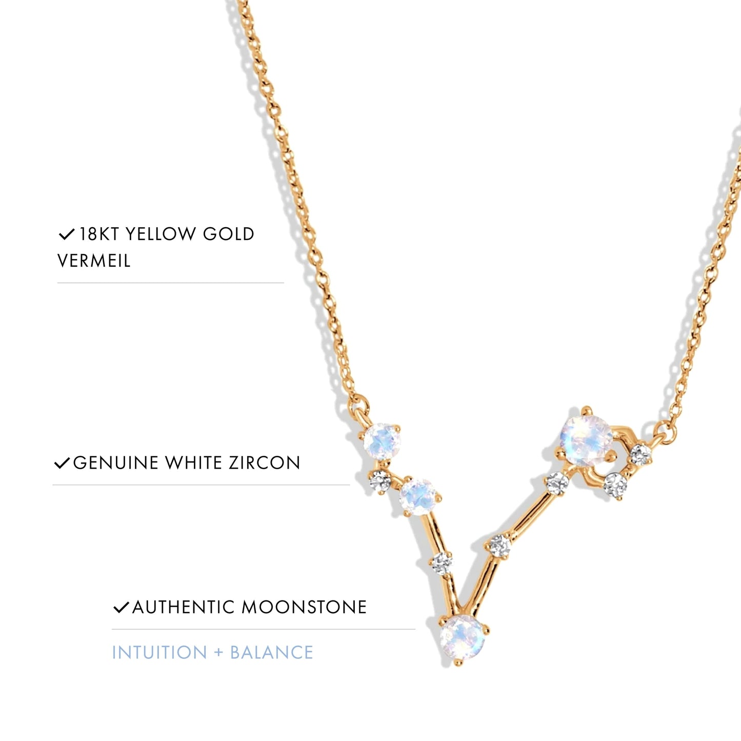 Moon Magic Moonstone Necklace - Pisces Zodiac Constellation / 925 Sterling Silver - 18k Rose Gold - Yellow Gold Rainbow Moonstone Necklaces for Women/Authentic Rainbow Crystal Jewelry
