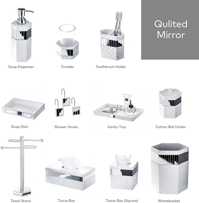 Creative Scents Quilted Mirror Q-Tip Holder, Decorative Bathroom Vanity Cotton Swab Holder Canister Jar With Lid for Cotton Balls, Durable Resin Cosmetic Pads & Swabs Container