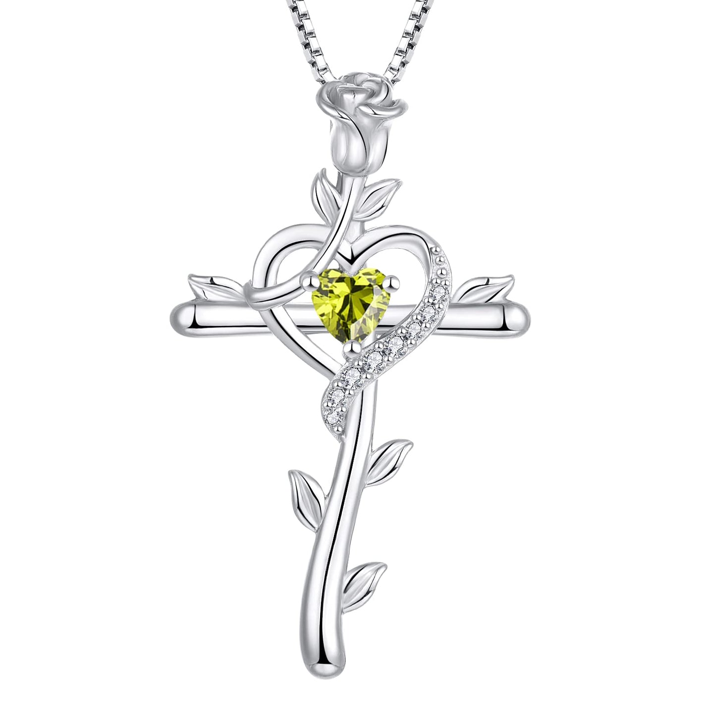 STARCHENIE Rose Cross Necklace 925 Sterling Silver Heart Crucifix Pendant Created Peridot Jewelry for Women