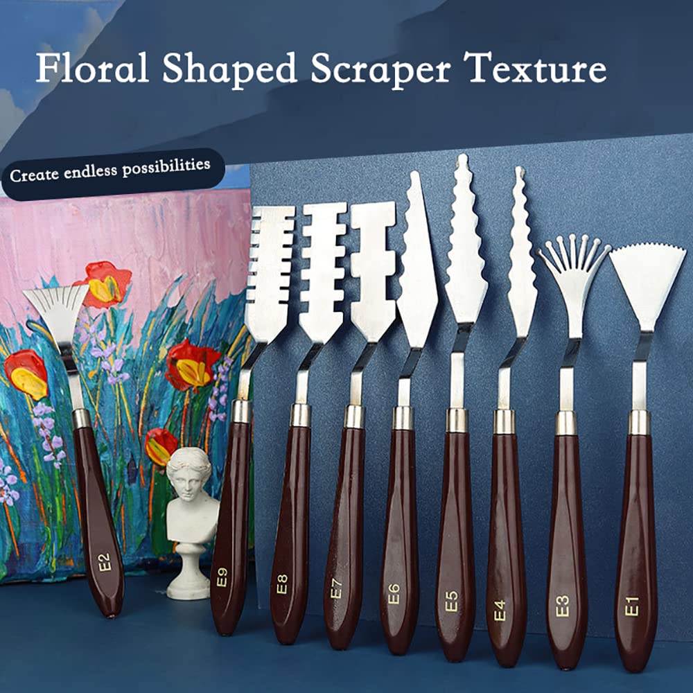Jowoart 9 Pcs Flower Art Scraper Texture Knife Art Palette Knife Special-shaped Scraper Oil Painting Acrylic Paint Tool for Art Students