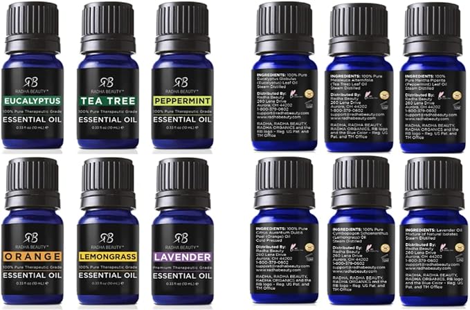 Essential Oil Set - Aromatherapy for Diffusers, Massage, DIY. Candle Making, Soaps, Bath Bombs, Skin and Hair Care. Top 6-10ml Oils: Lavender, Peppermint, Lemongrass, Tea Tree, Orange and Eucalyptus