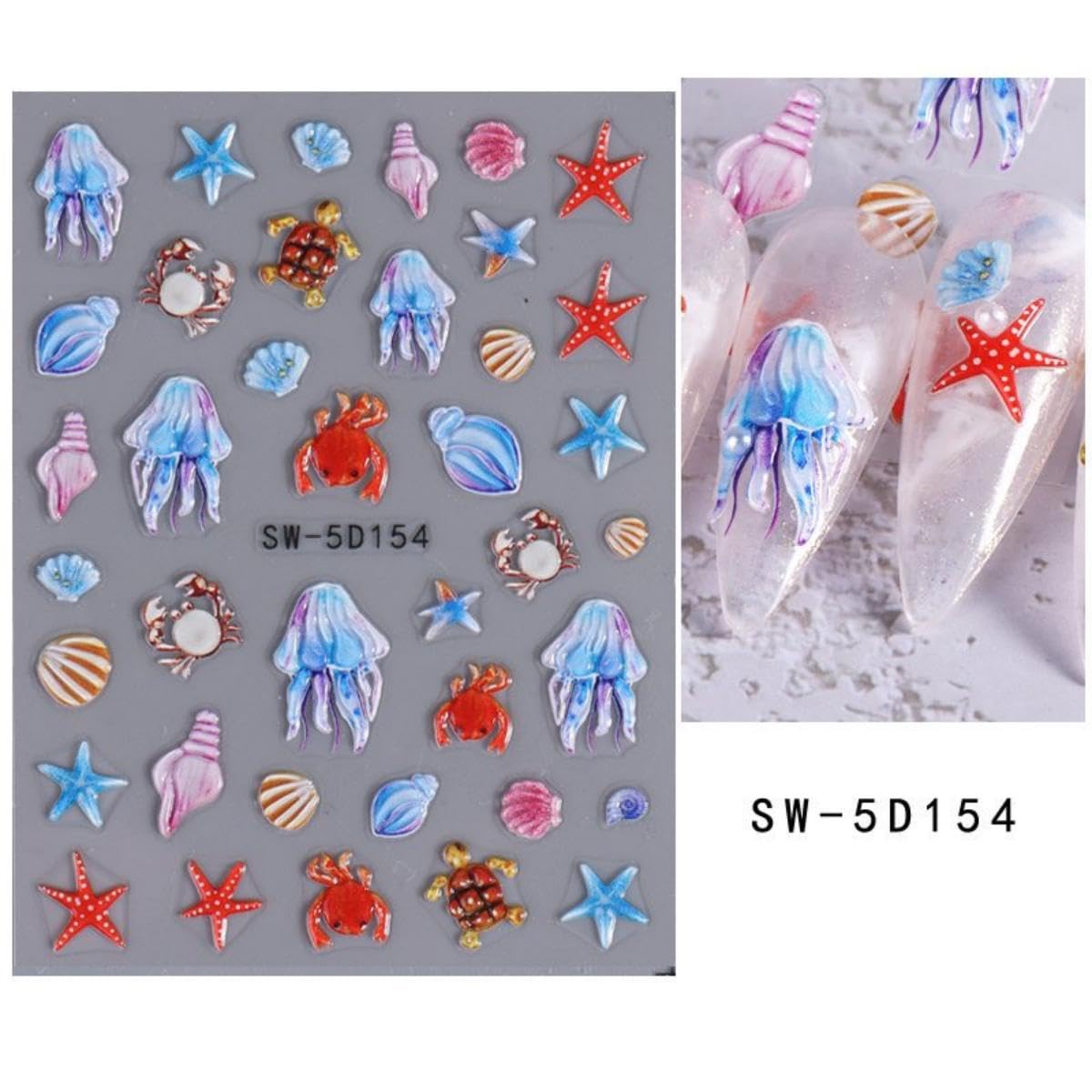 Ocean Nail Stickers 5D Embossed Seashell Nail Stickers 3D Self-Adhesive Blue Starfish Summer Nail Decals with Designs Purple Jellyfish Coral Nails Manicure Accessories for Women 5 Sheets