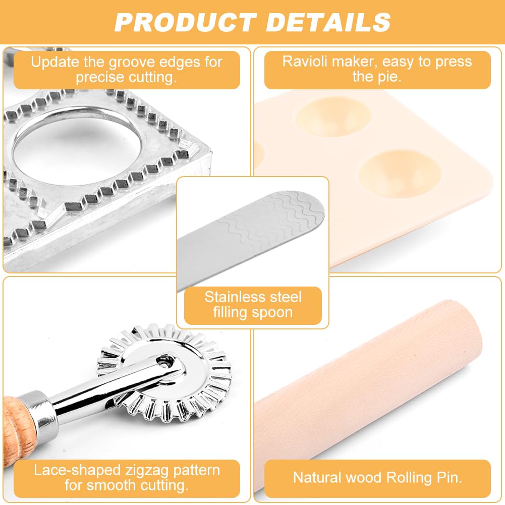 Ravioli Press Mold Set, 12 Holes Ravioli Maker Press,1 x Pasta Cutter Stamp Maker, 1xWood Rolling Pin Pasta Making Tools,1x Filling Spoon,for Ravioli, Dumpling,Hand Pie