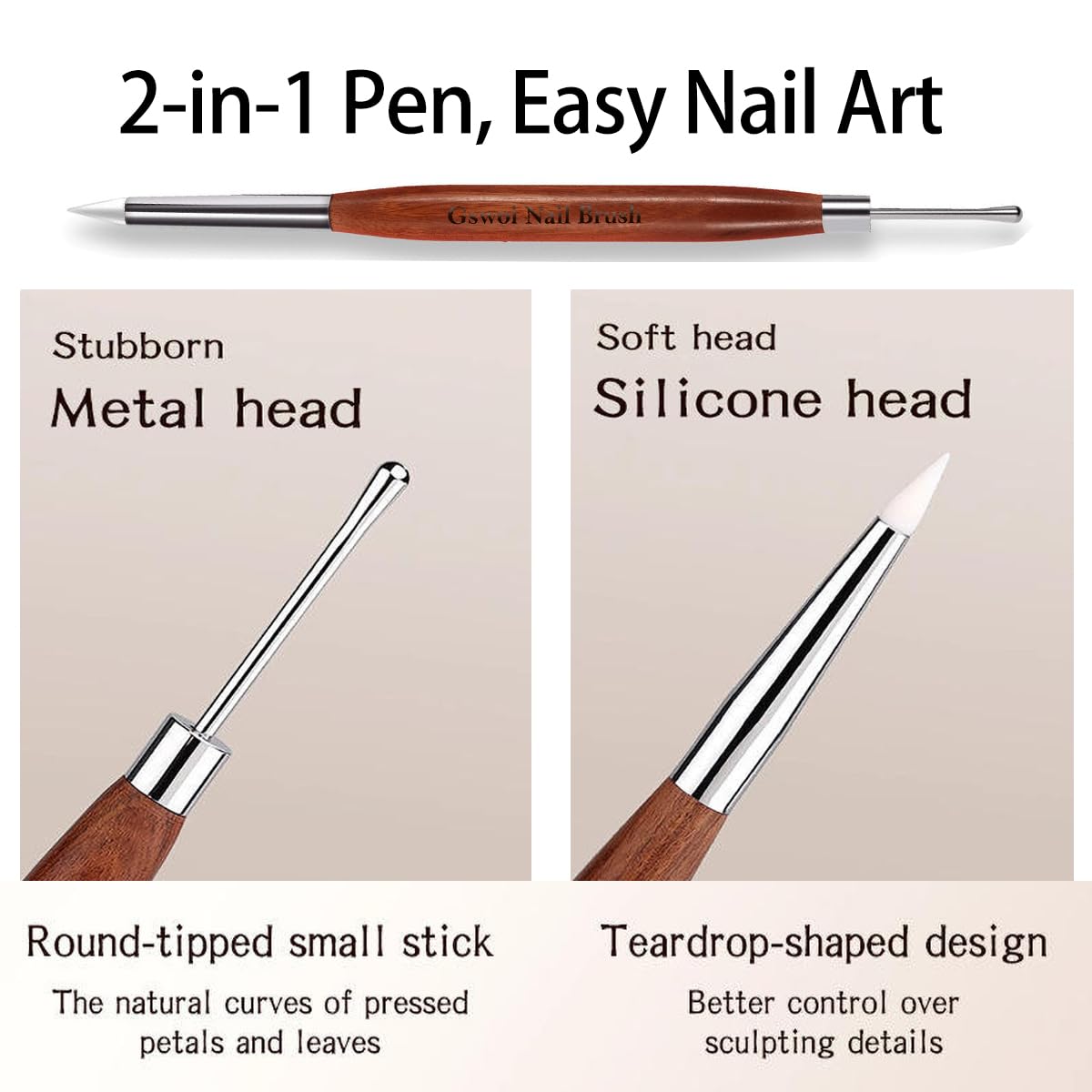 GSWOI Dual Head Acrylic Nail Brush-Carving & Silicone Drawing Embossing for Builder Gel,Polygel & Design-Wood Handle & Metal Caps