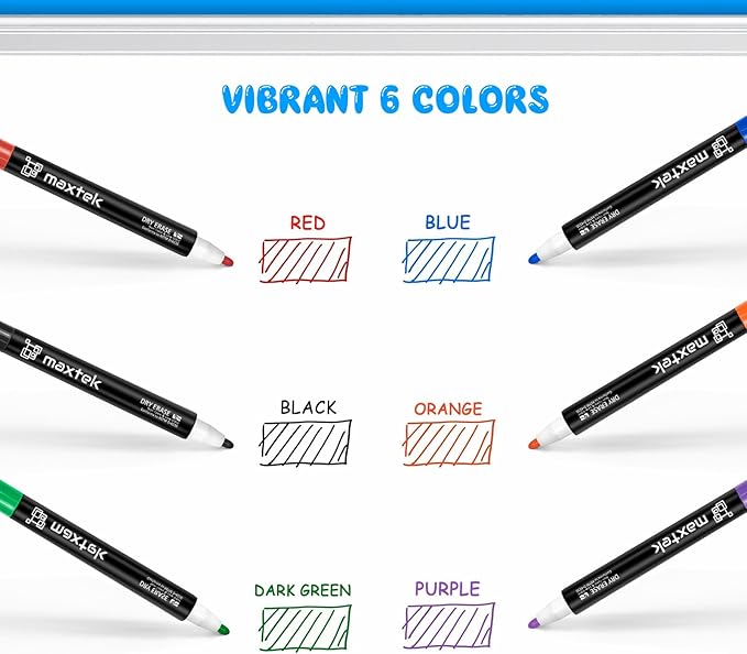 maxtek 24 Count Magnetic Dry Erase Markers, Fine Tip, 6 Colors Whiteboard Markers with Built-in Eraser, Low Odor Thin Markers