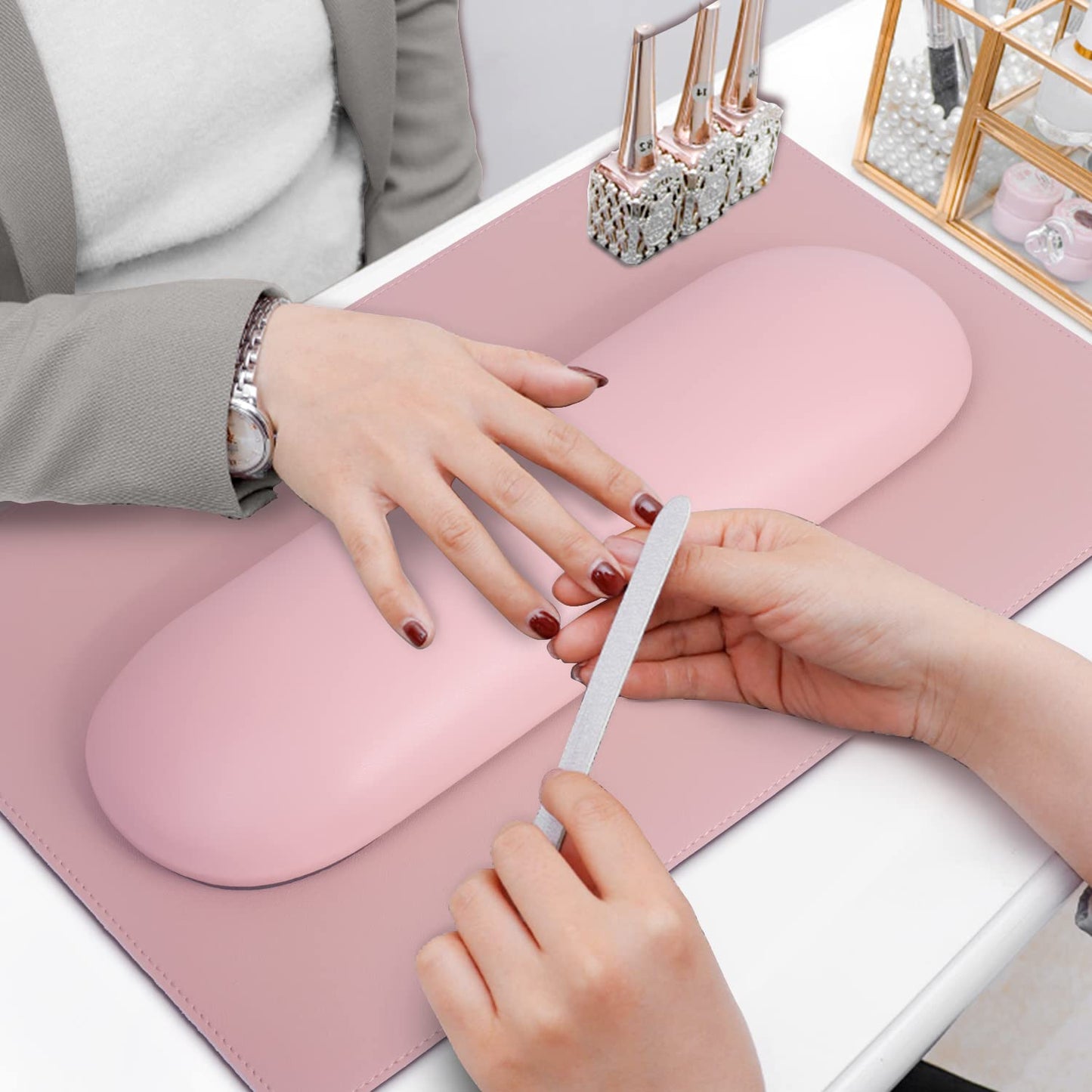MERTERFLY Nail Arm Rest Pillow and Mat Luxury Salon Manicure Armrest Cushion Nail Art Hand Holder Manicure Hand rest Cushion Pad Tool for Nail Tech Manicurist (With Mat, Pink)