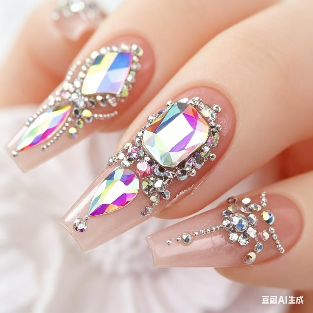 AB Crystal Nail Charms 3D Nail Gems Clear Flatback Nail Jewels Multi Shape Size Diamonds Nail Rhinestones Iridescent Mixed Size Round Hearts Crystals Gems for DIY Nails Faces Makeup Crafts 12Grid