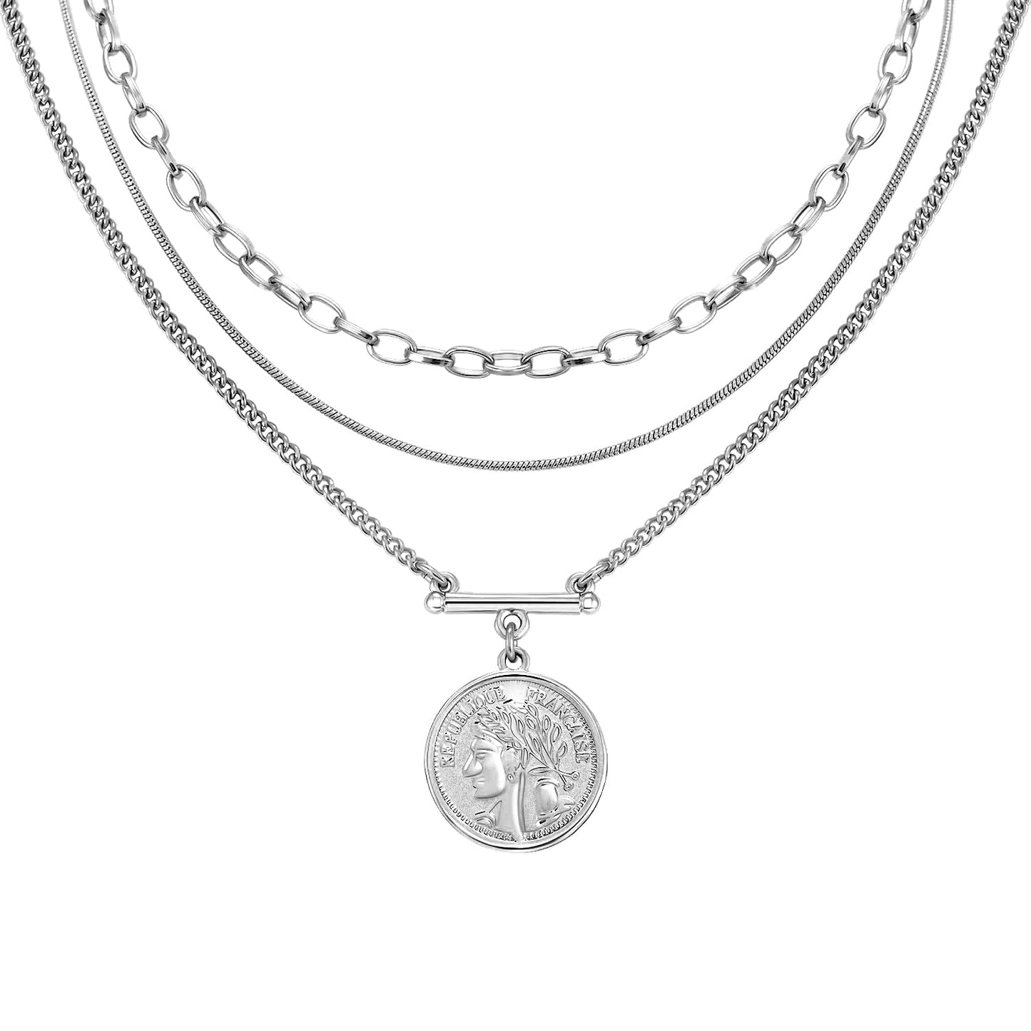 LANE WOODS Gold Plated Necklaces for Women - Multilayer Coin Medallion Pendant Necklace Adjustable Layering Choker Necklaces Chain Set Jewelry（Coin Medallion-Silver）