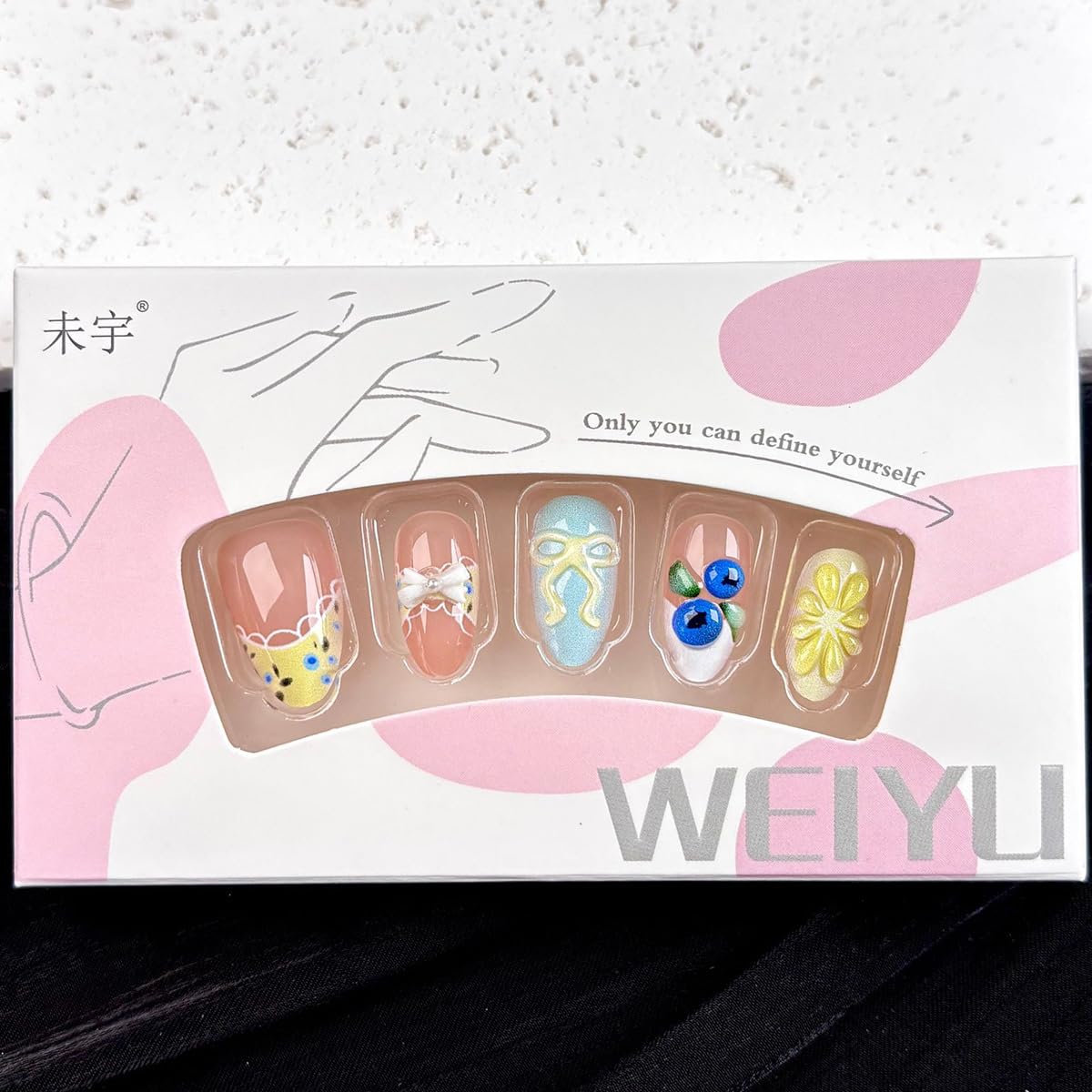 30Pcs Summer Press on Nails Medium Almond Fake Nails 3D Cute Blueberry Lemon Press Ons Glossy Design Stick on Nails French Tip False Nails Reusable Holiday Fruit Glue on Nails for Women Acrylic DIY