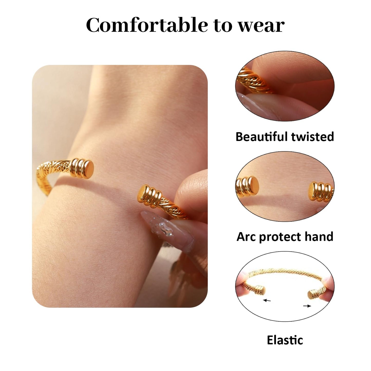 BOLAGTIER Stainless Steel Twisted Cable Wire Bracelets Adjustable Open Cuff Bangle Bracelet Vintage Jewelry Gift for Women (C-Gold 62)