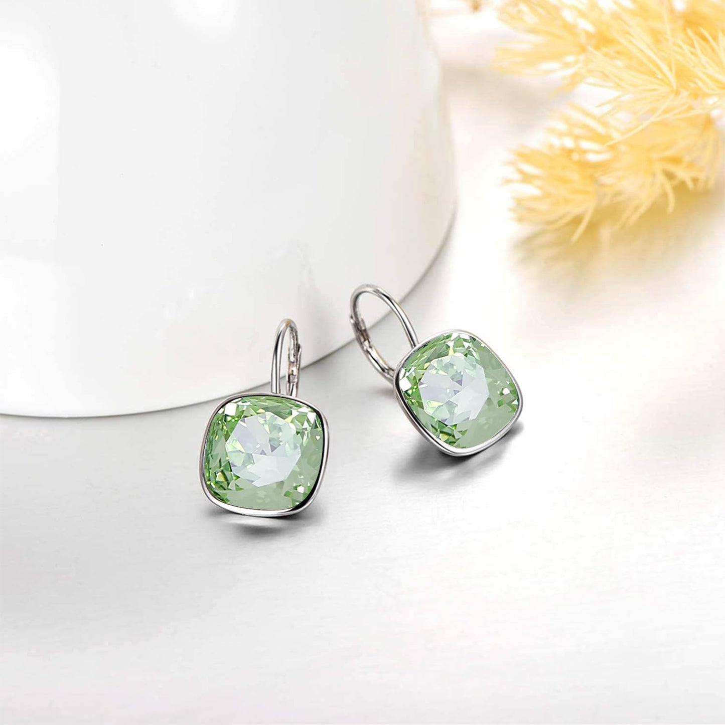 AOBOCO Sterling Silver Leverback Earrings Embellished with Crystals from Austria, Hypoallergenic Cushion Cut Square Crystal Earrings, Fine Anniversary Birthday Jewelry Gifts for Women (Light Green)