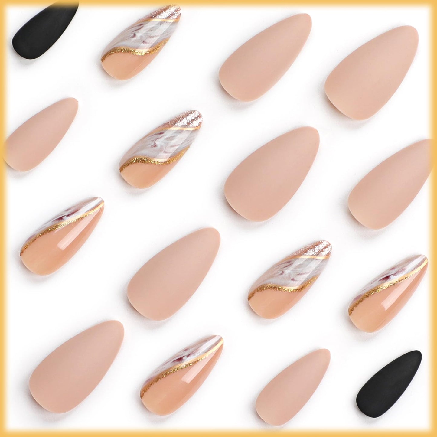 24-Piece Marble Press-On Nails, Curve Line Design, Glossy Brown Glitter, Sparkly Gold River Manicure Art, Almond Shaped, False Nails