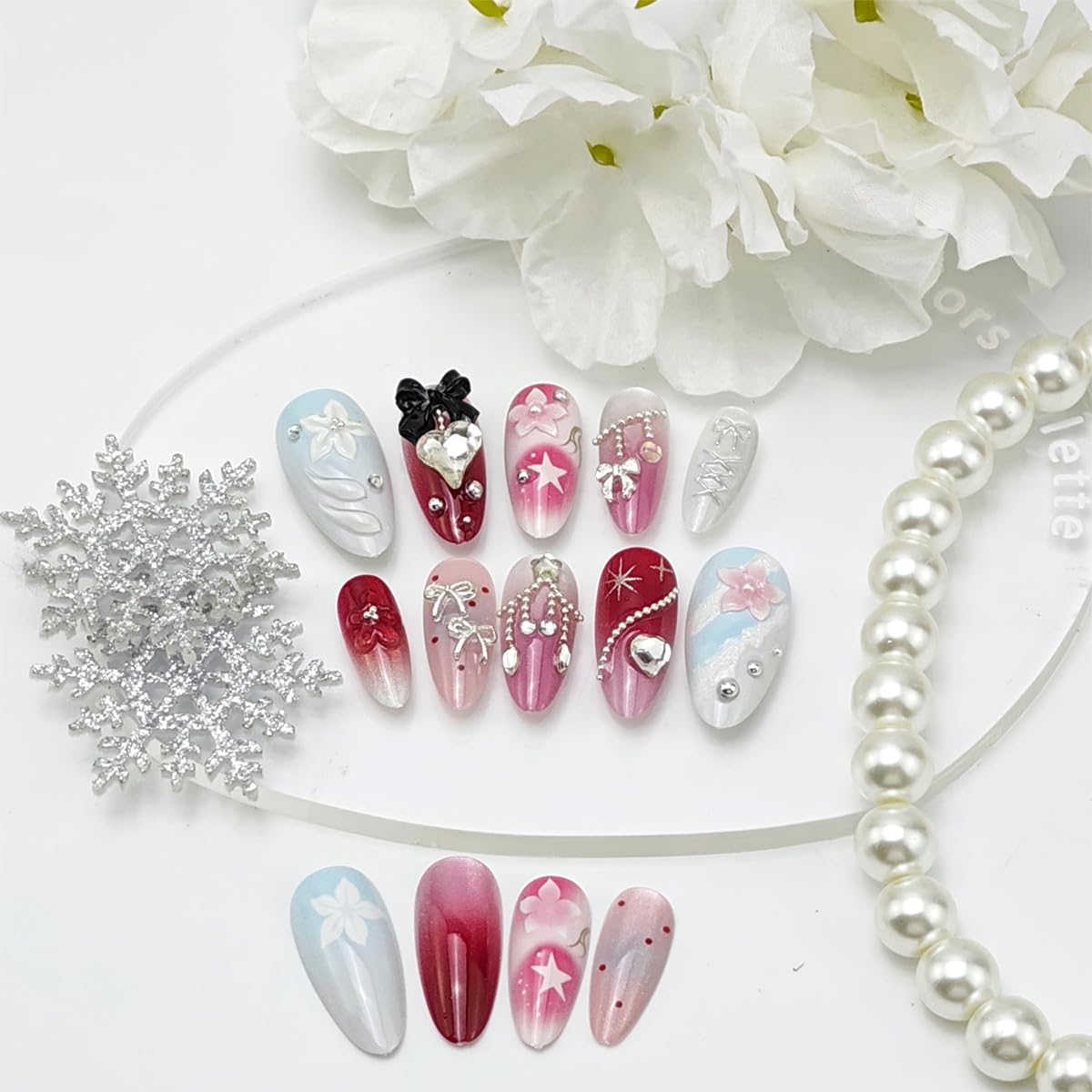 24Pcs Valentines Press on Nails Medium Almond Fake Nails with 3D Black Bow Pearl Rhinestones Designs Cute Heart False Nails Pink Flowers Full Cover Acrylic Stick on Nail for Women DIY Manicure Decor