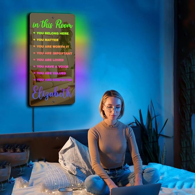 Custom Inspirational Diversity LED Light - Room Mirror - Name Light Up Sign for Wall - RGB Name Sign - Handmade Led Mirror for Bedroom