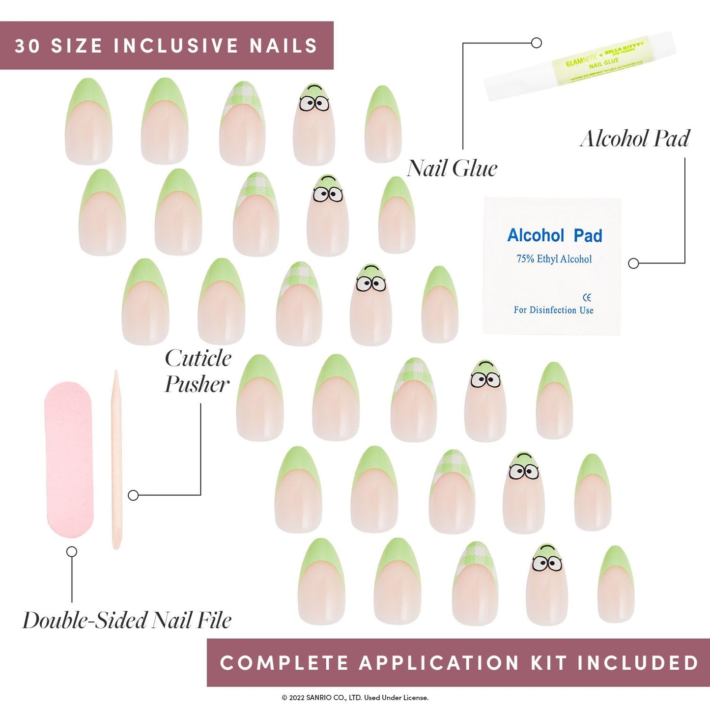Glamnetic x Hello Kitty® and Friends Press-On Nails Bundle - Keroppi™ & Fall Mauve | Green French Tip Short Almond Graphic Fake Nails | Muted Blush Mauve Short Oval False Nails | Reusable Nail Kit wit