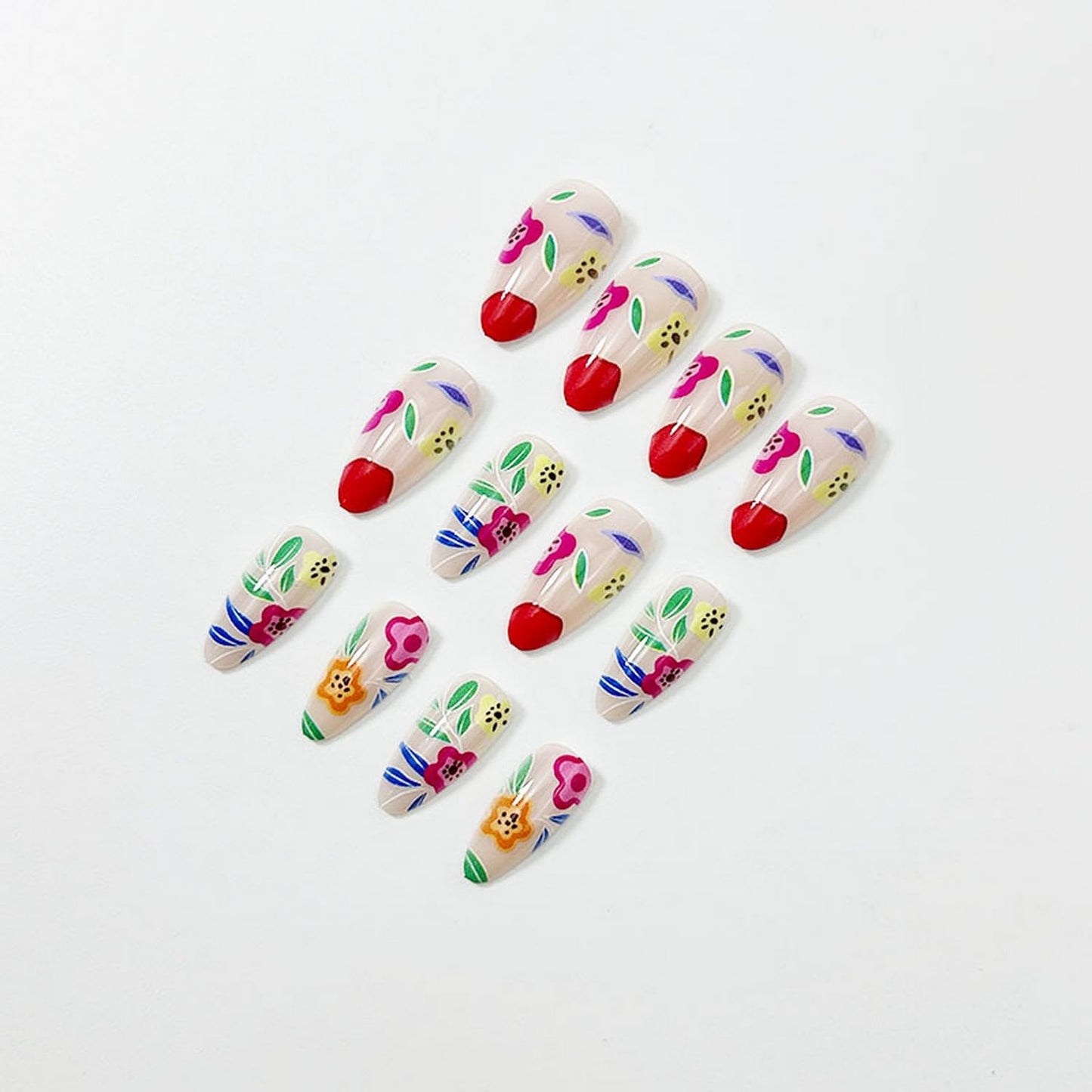 Almond Press on Nails Summer Fake Nails with Colorful Floral designs Acrylic Artificial Nail Full Cover Medium Length Stick on Nail Cute False Nails Reusable Glue on Nails for Women Spring 24pcs