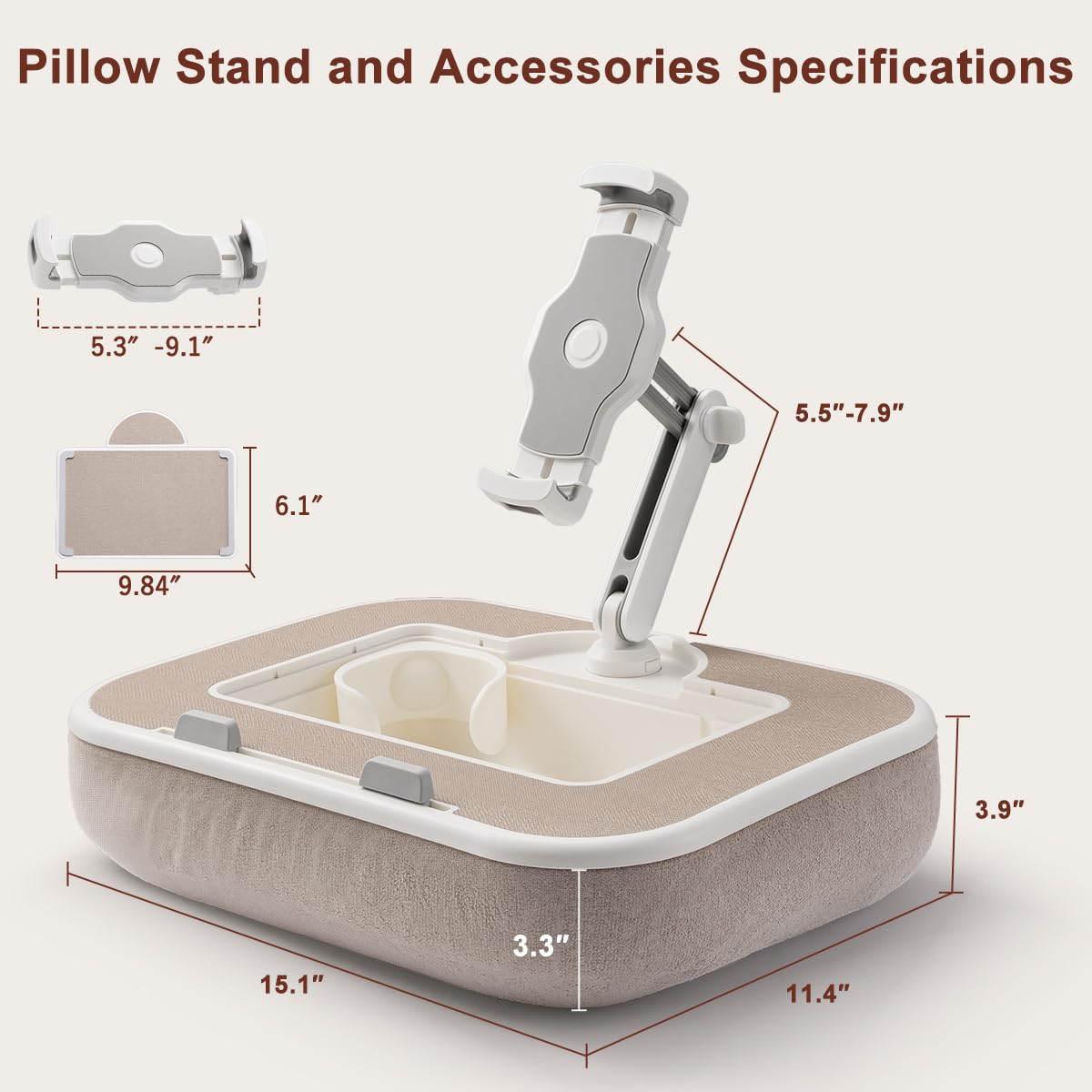 WISFISSH Tablet Pillow Stand with Snack Bowl and Writing Board, 360° Rotating Phone Holder for 4.7-13" Phone Kindle Tablet, Pillow Kindle Holder for Reading in Bed, Couch,Recliner,Floor Etc-Beige