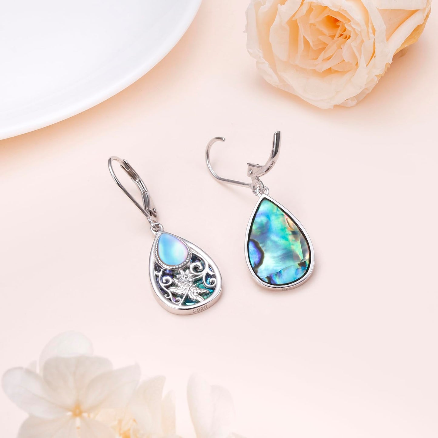 SHAOAN 925 Sterling Silver Dragonfly Moonstone Dangle Drop Earrings Abalone Shell Leverback Teardrop Earring Jewelry Gifts for Women