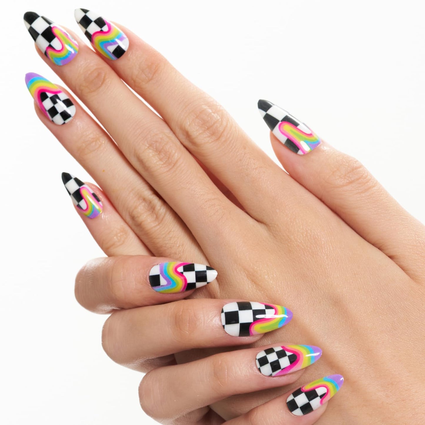 GLAMERMAID Rainbow Press on Nails Medium Almond, Y2K Rainbow Crush Gel Glue on Nail with Checkerboard Color, Glossy Short Stiletto Reusable Fake Nails, Acrylic False Nails Manicure Kit for Women
