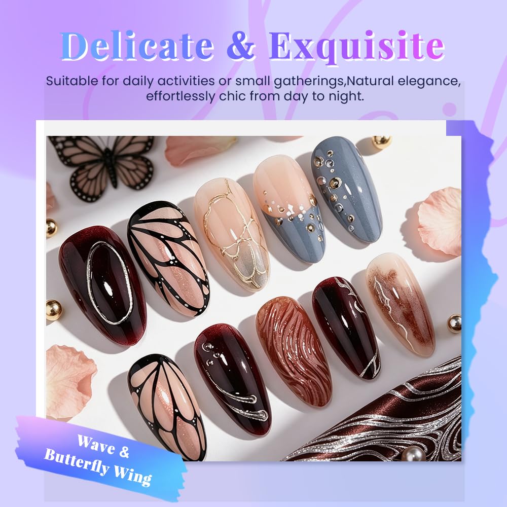 XZMeiLun 3D Butterfly Wings Press On Nails Blue Brown Mixed Medium Almond – Gold Line Pearl Designs, Acrylic Reusable Fake Nails with Adhesive Tabs, Salon Quality Nail Press Ons for Women Manicure