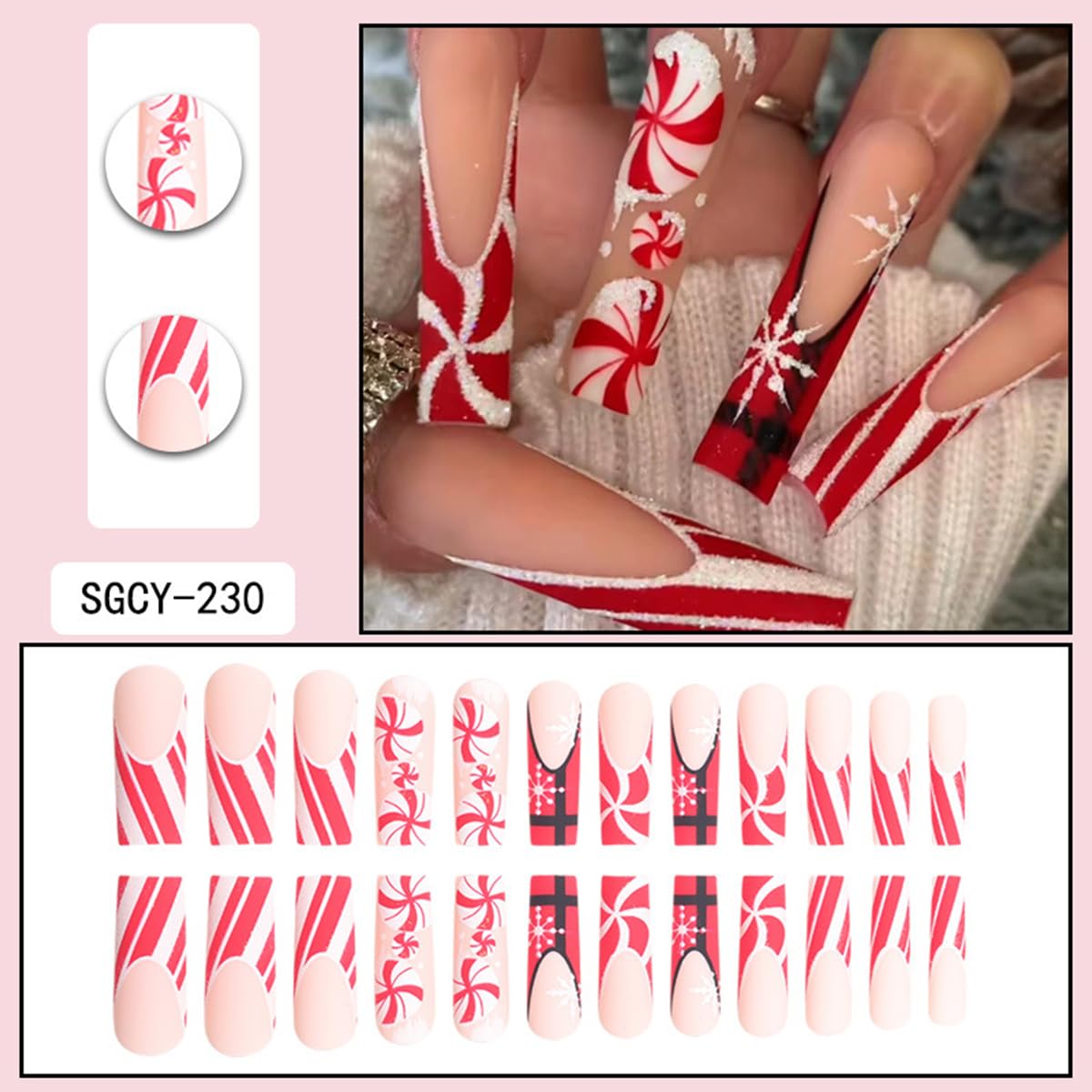 Christmas Press on Nails Long Square Fake Nails French False Nails with Designs Candy Cane Glitter Snowflake Glue on Nail Full Cover Acrylic Nails Winter Xmas Stick on Nail for Women 24Pcs