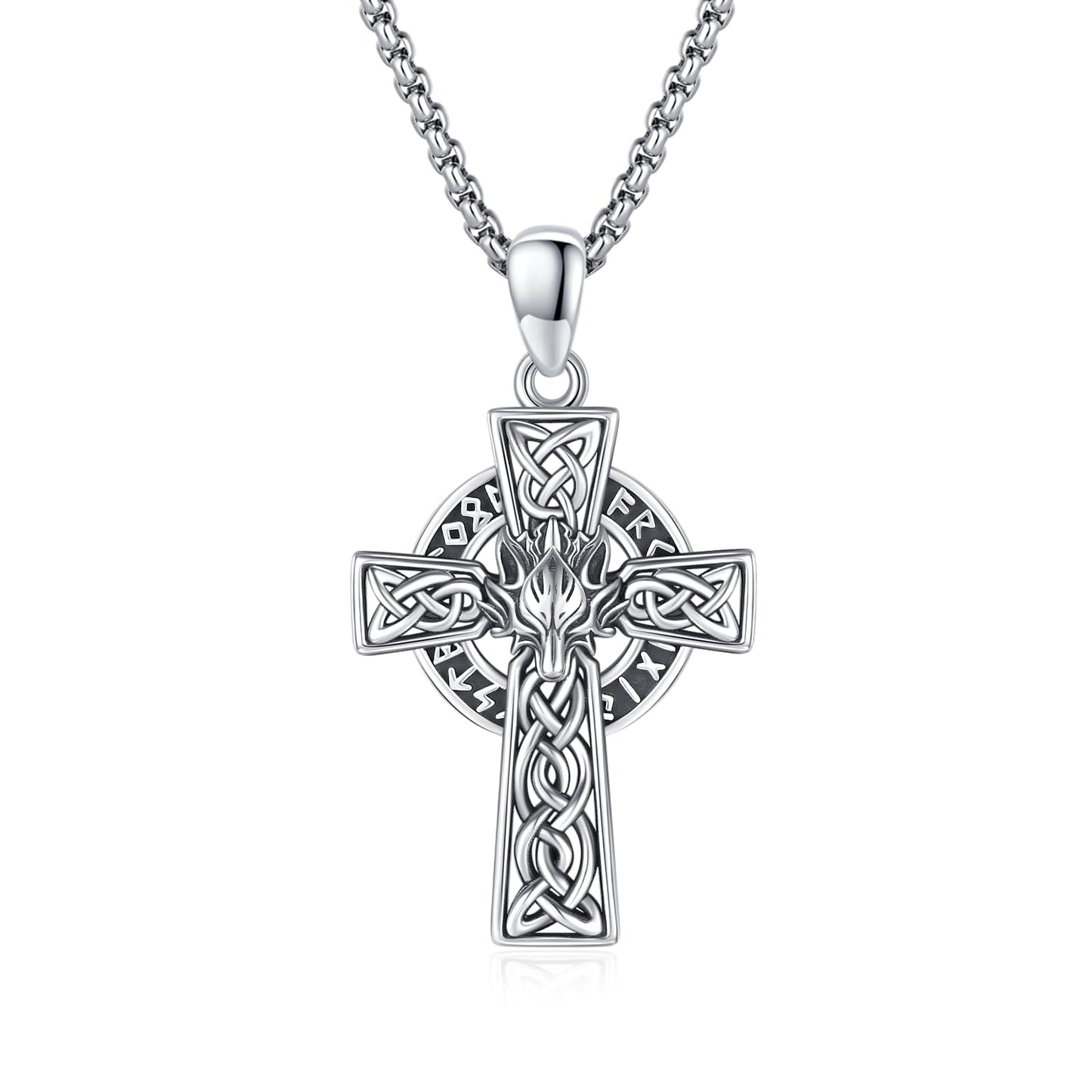 YEESIA Wolf Celtic Cross Necklace, 925 Sterling Silver Norse Gothic Viking Jewelry for Men Women, Unique Valentines Day Gifts for Teens Boyfriend, Adjustable Unisex Accessory