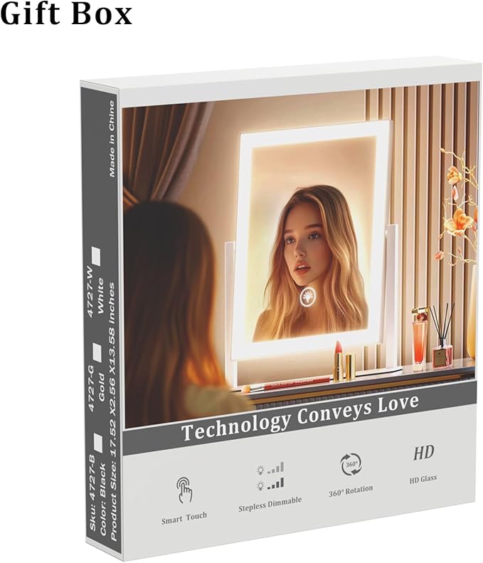 Makeup Vanity Mirror with Lights 17.2" Large LED Lighted Mirror, Hollywood Make Up Mirror with Lighting, Smart Touch,Detachable 5X Magnification 360° Rotation, (Gold,Gift Box)