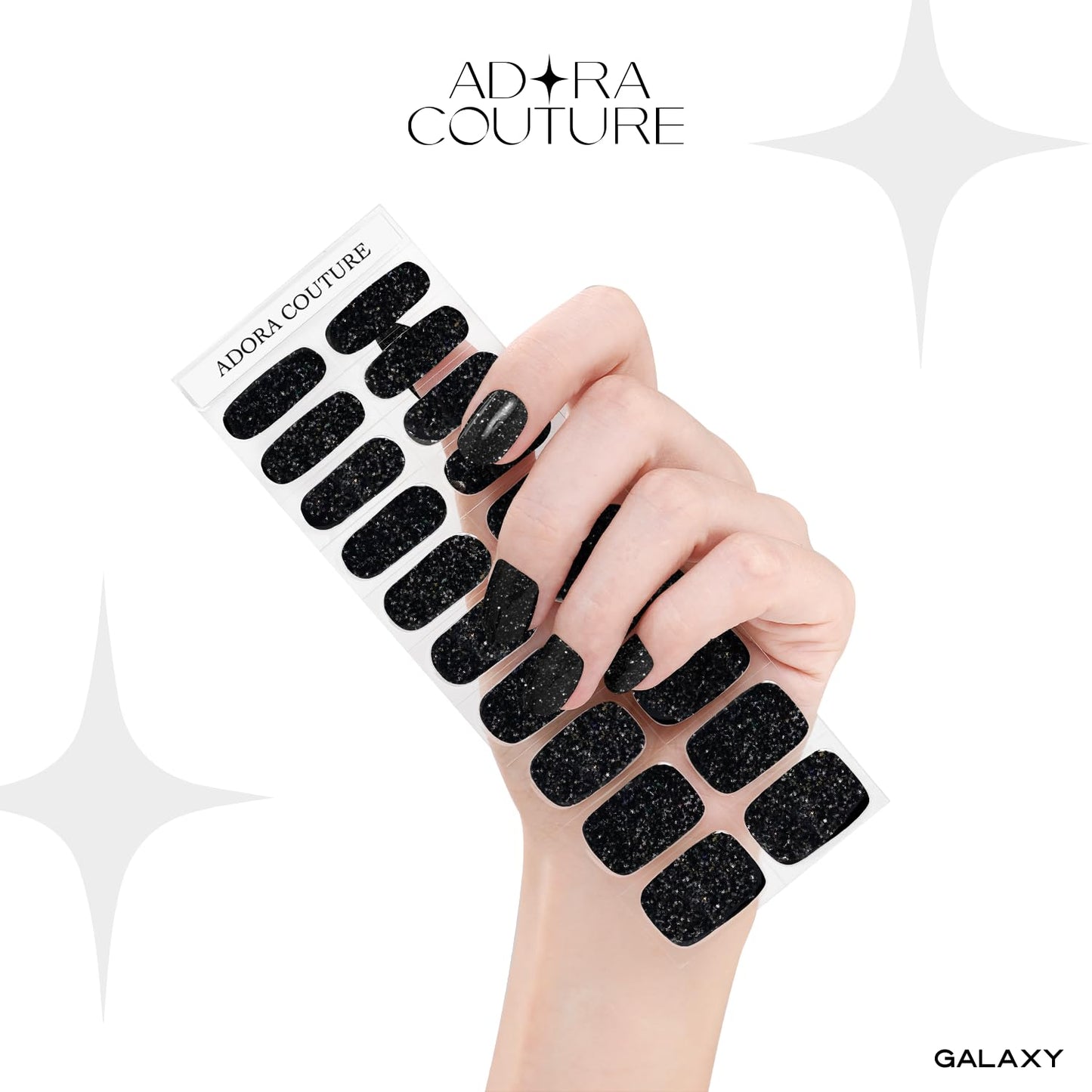 Adora Couture Semi Cured Gel Nail Strips with 20 Pieces - UV Gel Stickers, Manicure Kit, Easy Application Wraps Includes Prep Pads, Nail File, Wooden Stick - UV Light Required (Black Galaxy)