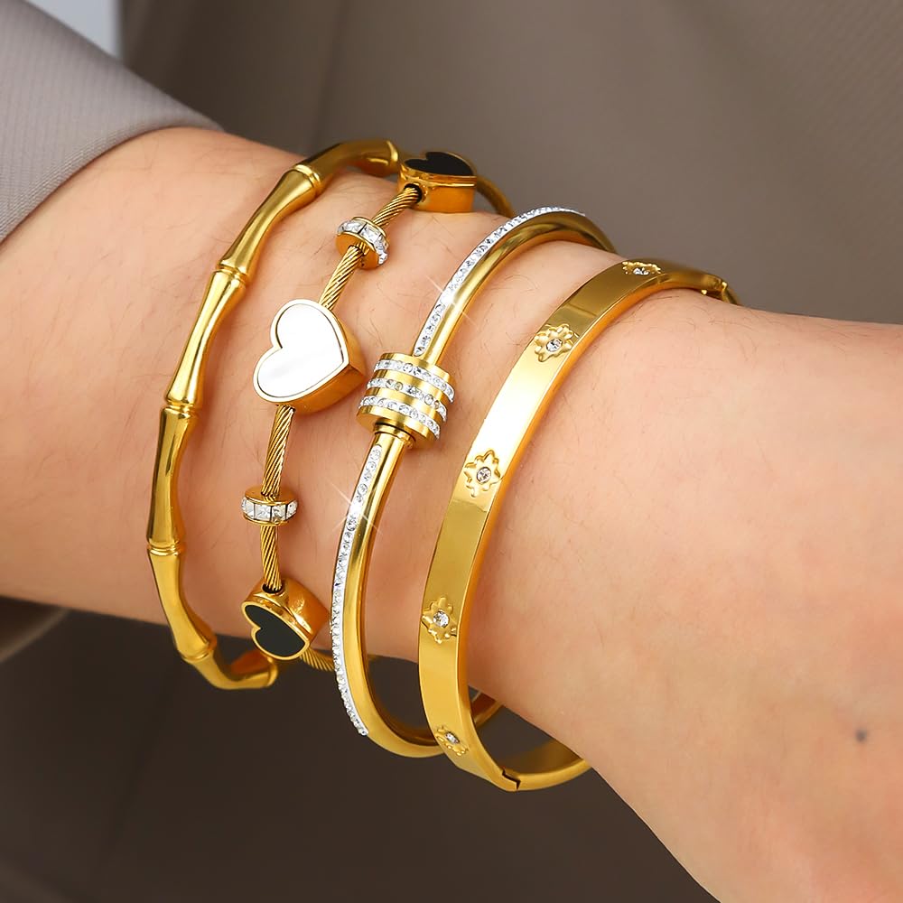 Women's 18K Gold Plated Stainless Steel Bangles & Bracelets Set White Shell Heart Roman Numerals & Cubic Zirconia Twisted Bands Waterproof Tarnish Resistant Hypoallergenic 2.3 Inches (6cm) Stackable Design (4-PC Style A)