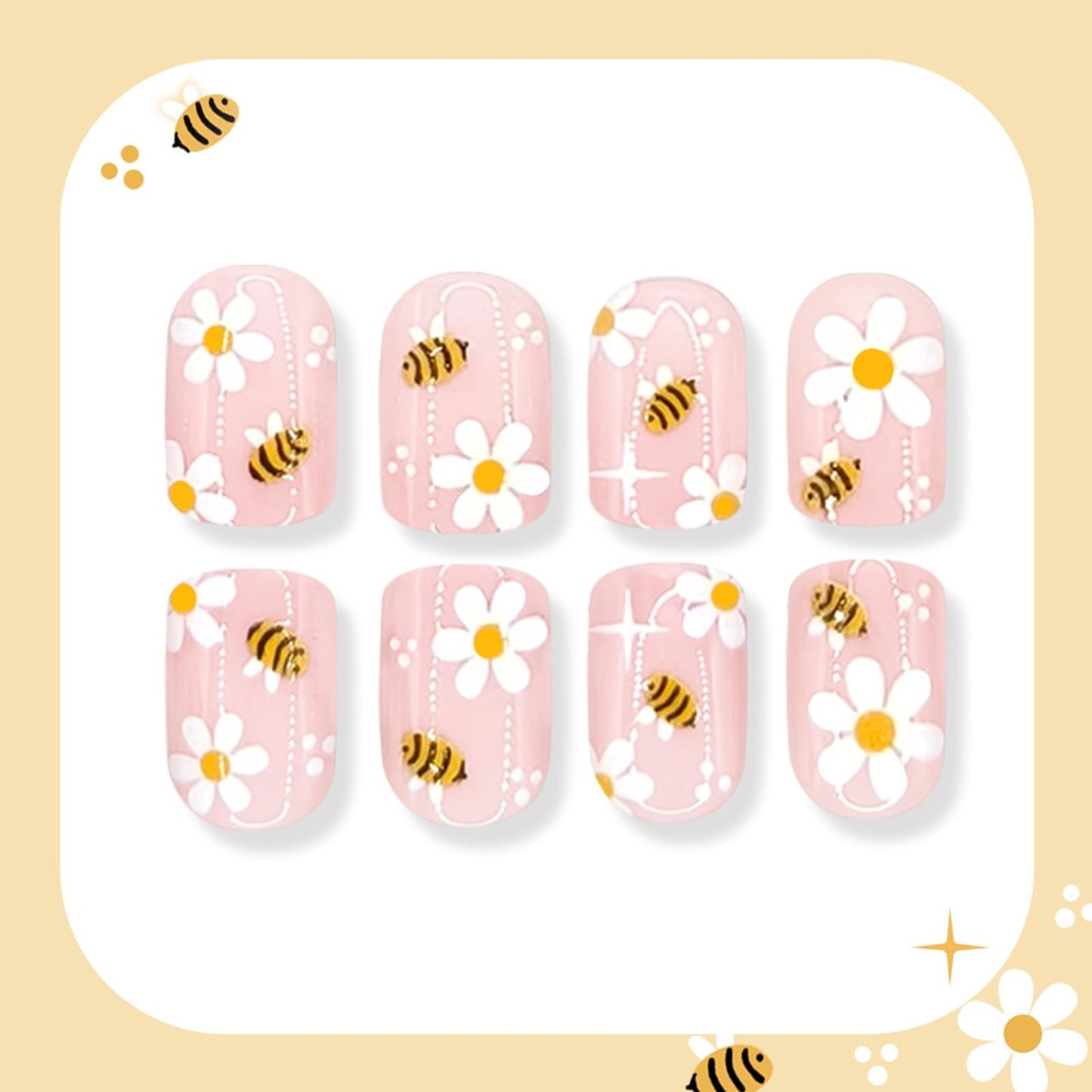 Cute Press on Nails Short Square Fake Nails with Bee Flower Designs 24Pcs Spring Summer Floral Press on False Nails Glossy Glue on Nail Artificial Stick on Nail for Women Manicure