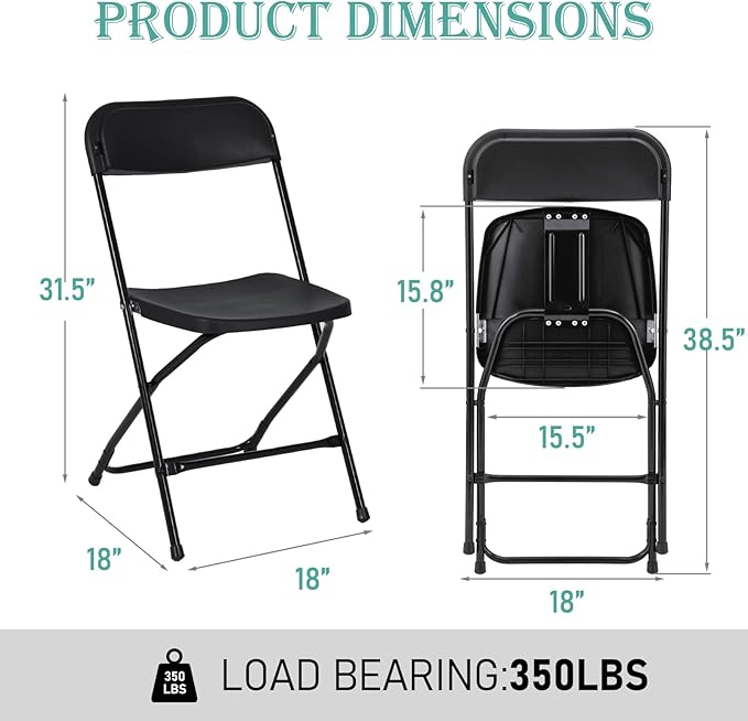 80 Pack Plastic Black Folding Chairs, Portable Stackable Commercial Party Folding Chairs with Steel Frame 350lbs for Home Office Outdoor Indoor Office Wedding Party Event