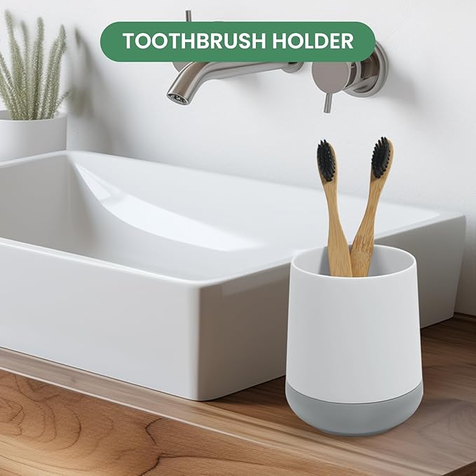 White Toothbrush Holders for bathrooms with Silicon Boot, Modern Tooth Brushing and Toothpaste Holder Cup for Bathroom Organizer (White)