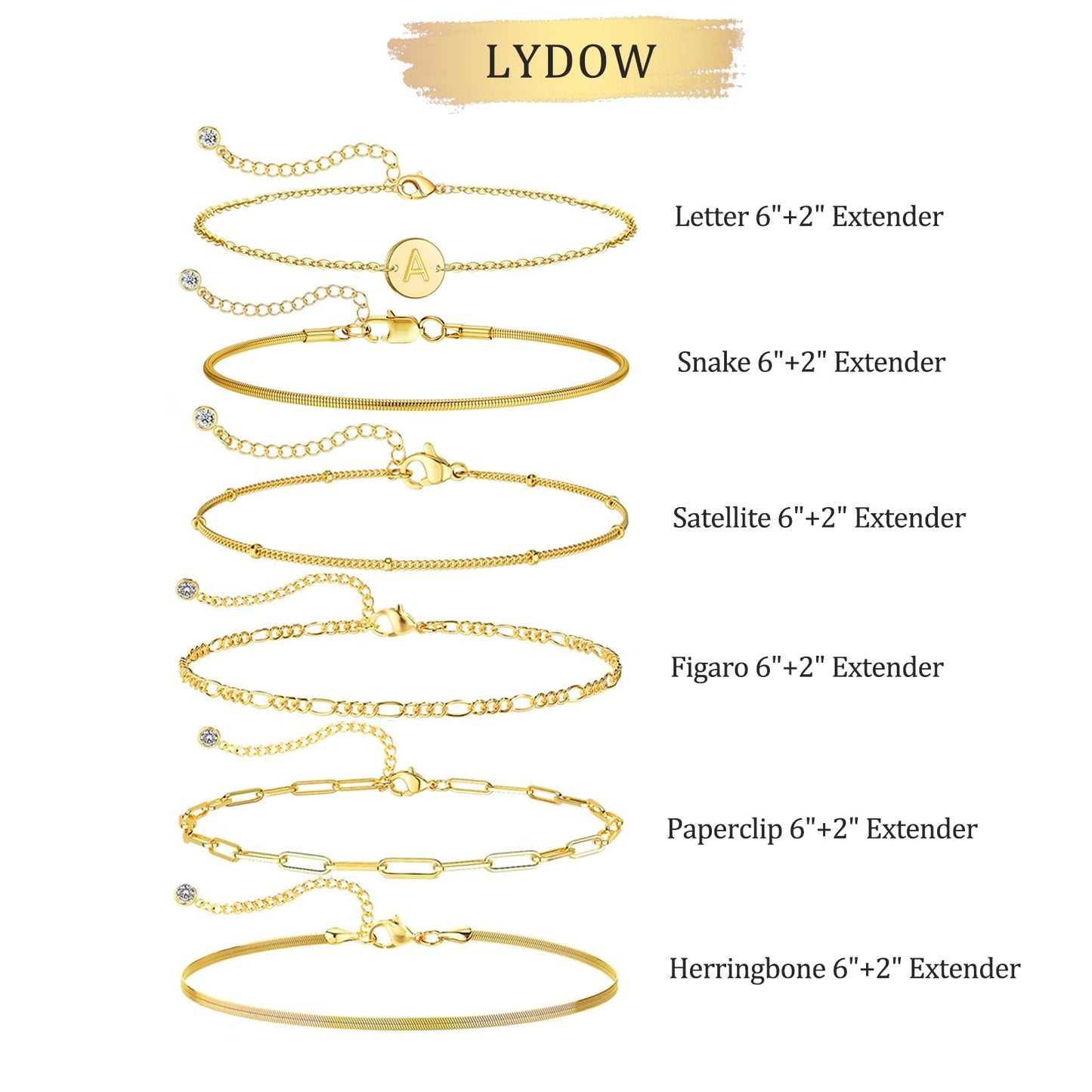 Lydow Bracelets for Women, Stack Jewelry Set Initial D Chain Stackable Letter Teen Accessories Pulseras Para Mujer 6 Inch 6PCS