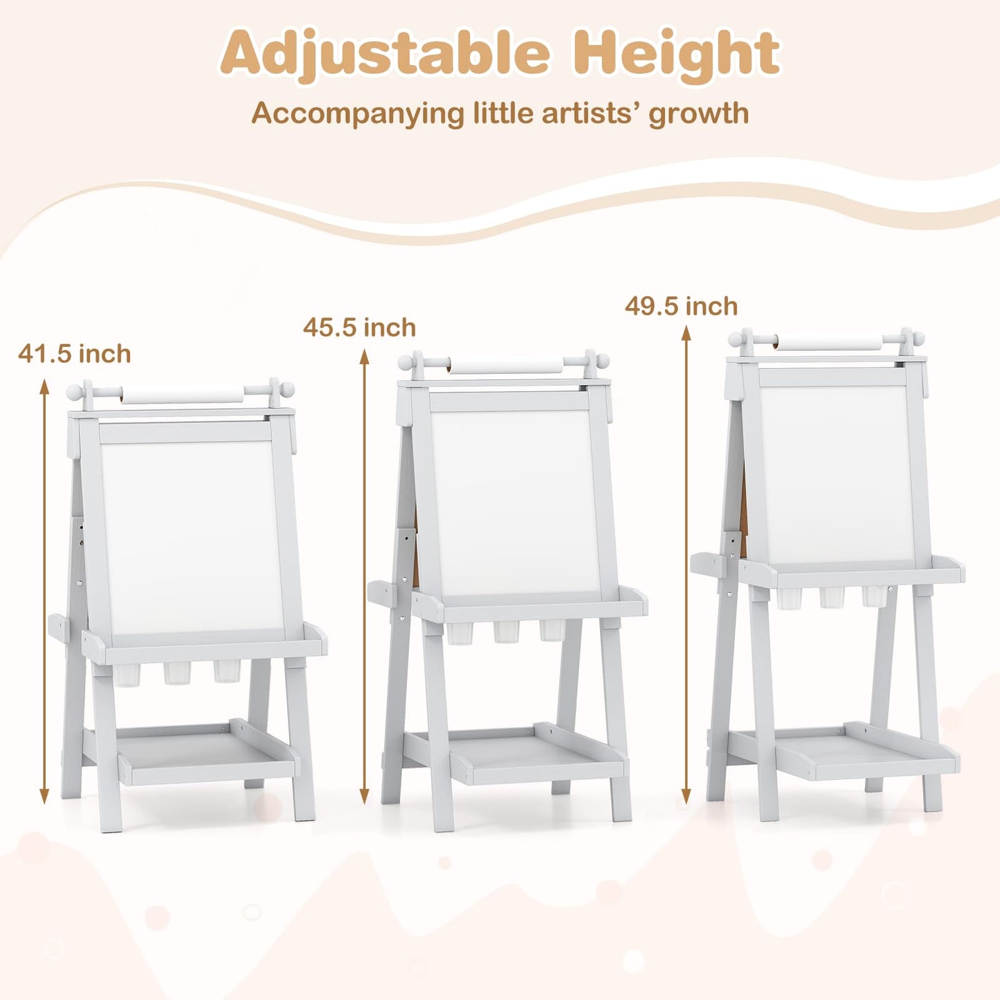 OLAKIDS Easel for Kids, 3 in 1 Adjustable Painting Art Board, Foldable Double-Sided Wooden Drawing Chalkboard Magnetic Whiteboard with Paper Roll, Storage Rack, Cups for Boy Girls (Gray)