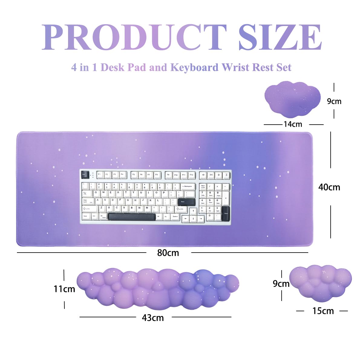 Gaming Desk Mat with Keyboard Wrist Rest Set, 4 in 1 Large Mouse Pad & Cloud Keyboard Wrist Rest& Mouse Wrist Rest&Coaster, Comfort and Support for Typing and Gaming(Purple Starry Night)