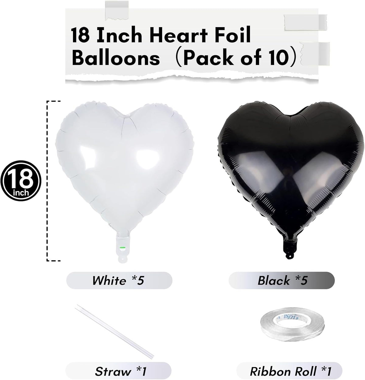 Black White Heart Balloons, 18 Inch Large Matt Black and White Heart Shape Foil Helium Balloon for Birthday Wedding Graduation Engagement Baby Shower Valentines Bachelorette Party Decoration