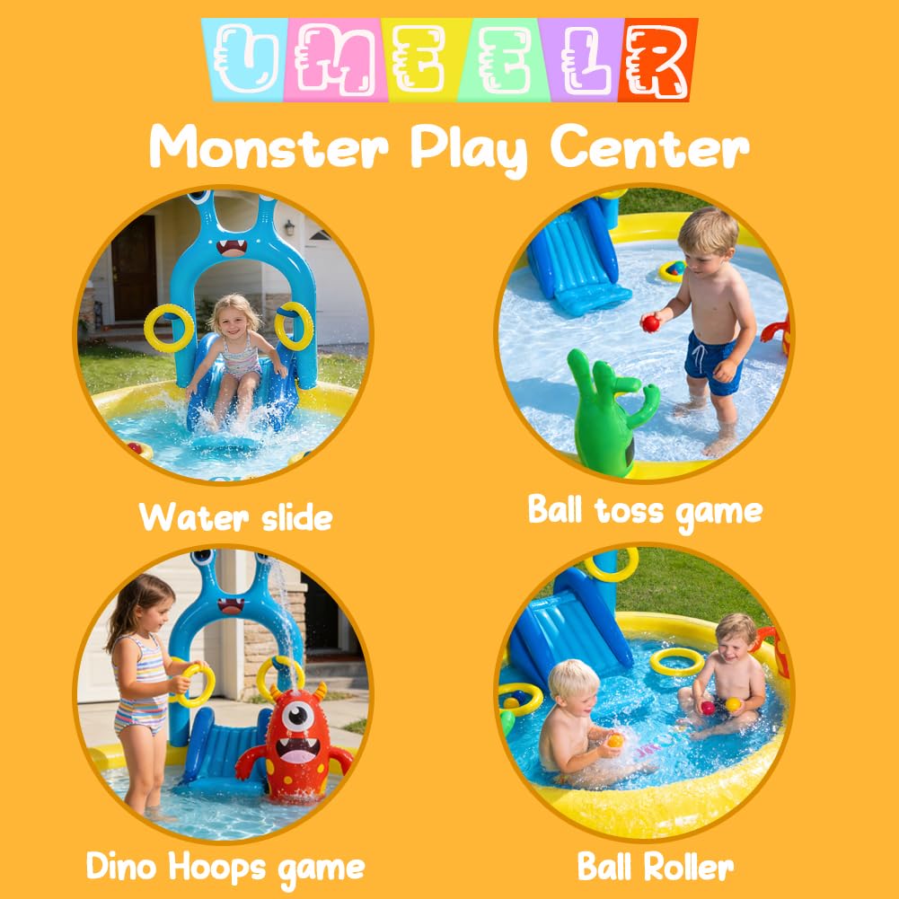 Inflatable Splash Pad for Kids - Monster Spray Inflatable Play Center Kiddie Pool with Slide Sprinkler Toss Rings & Balls, 70"x67"x54" Fun Outdoor Water Toy for Summer Backyard Seaside