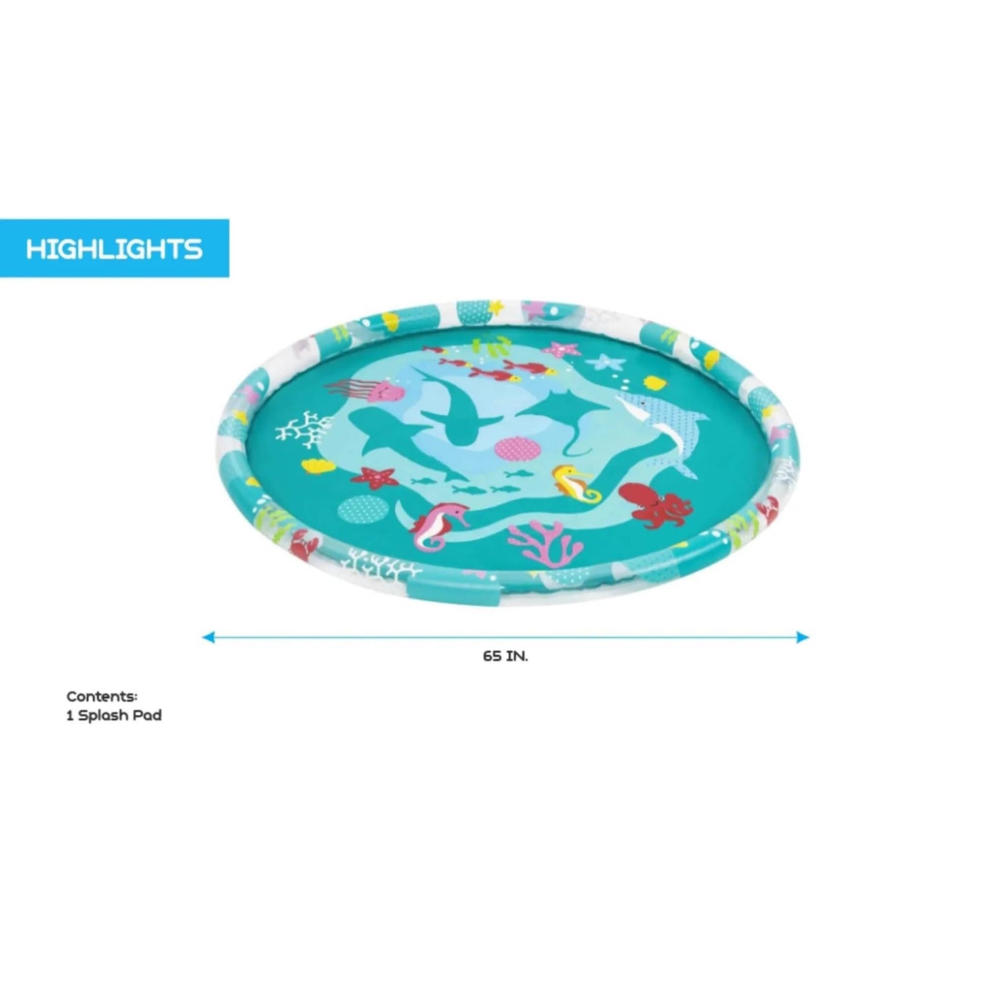 H2OGO! 65" Underwater Utopia Splash Pad - Inflatable 65" Marine Water Sprinkler, Shallow Rim Wading Pool Mat, Outdoor Fountain Sprayer, Toddler-Kid 2+