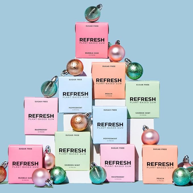 Refresh Gum, Xylitol, Sugar Free, Natural, Chewing Gum, Natural Flavors & Organic Ingredients, Plant-Based, Non GMO, Gluten Free, Vegan, Peppermint, Bubble Gum & Peach, 12 Pcs, 6 Pack