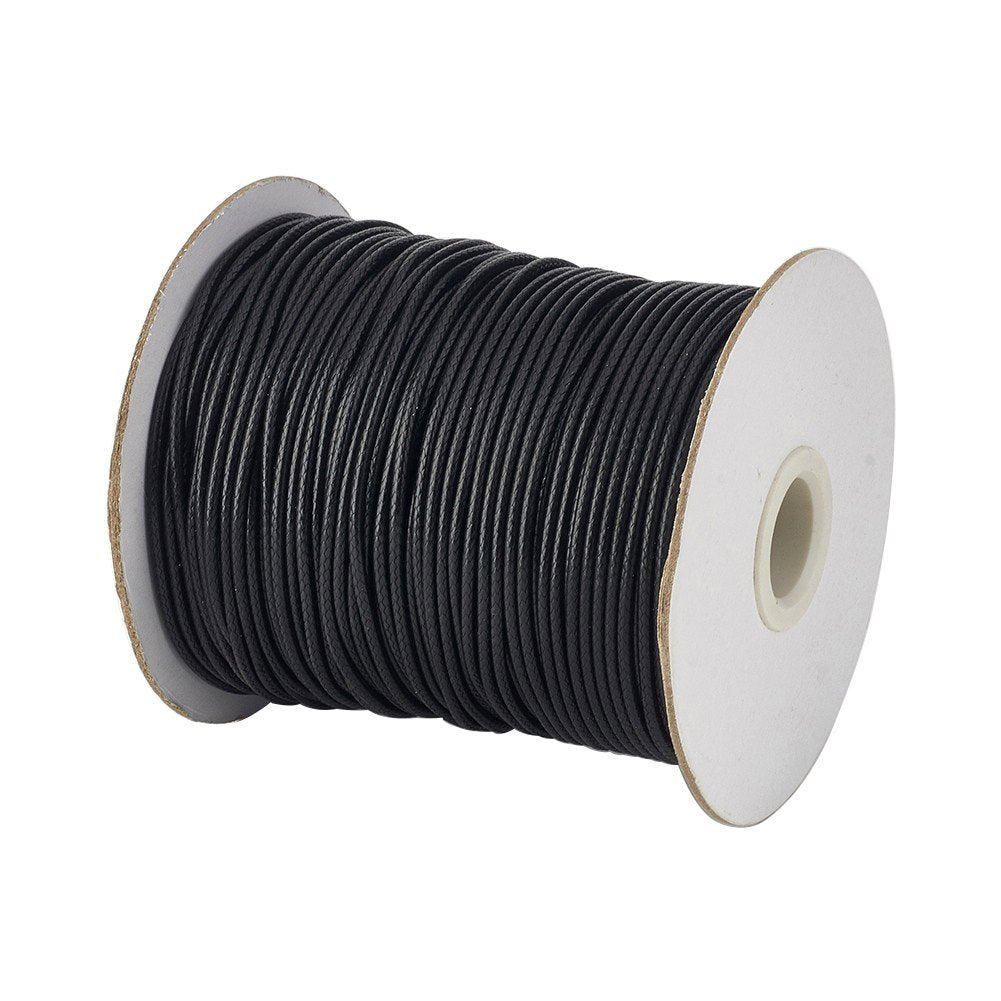 Pandahall 1Roll/91m/100Yards 2mm Waxed Polyester Cord Thread Beading String with Spool for Braided Bracelets Jewelry Making Macrame Supplies Black