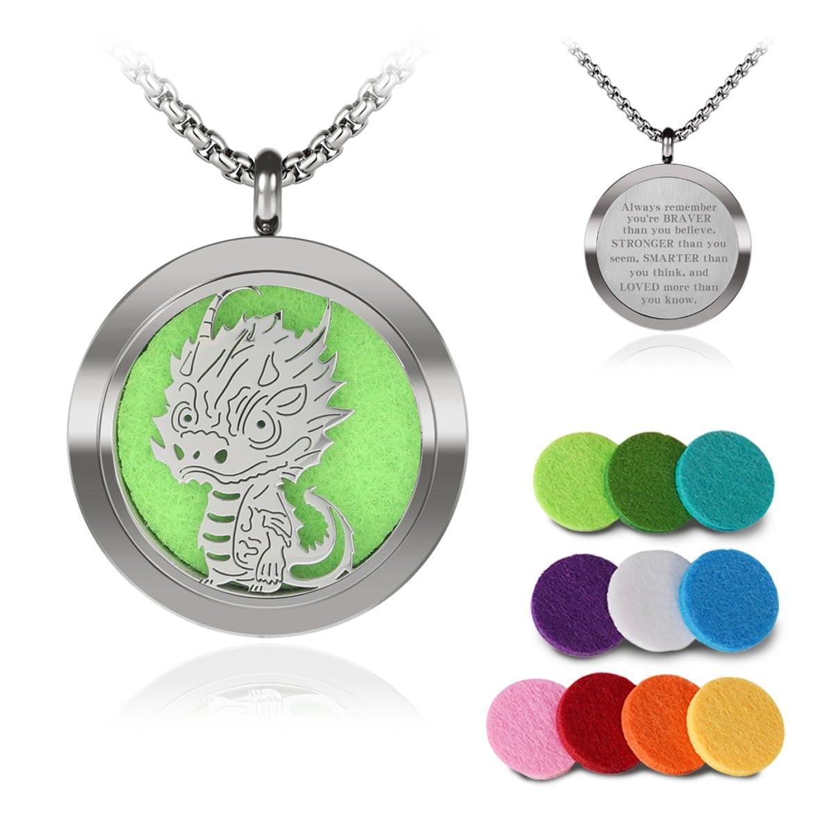 Dinosaur Aromatherapy Essential Oil Diffuser Necklace,Aromatherapy Diffuser Stainless Steel Pendant,for Men and Women,Portable,Suitable for Yoga,Meditation,Travel,Stress Relief Gift(Silver 30mm)