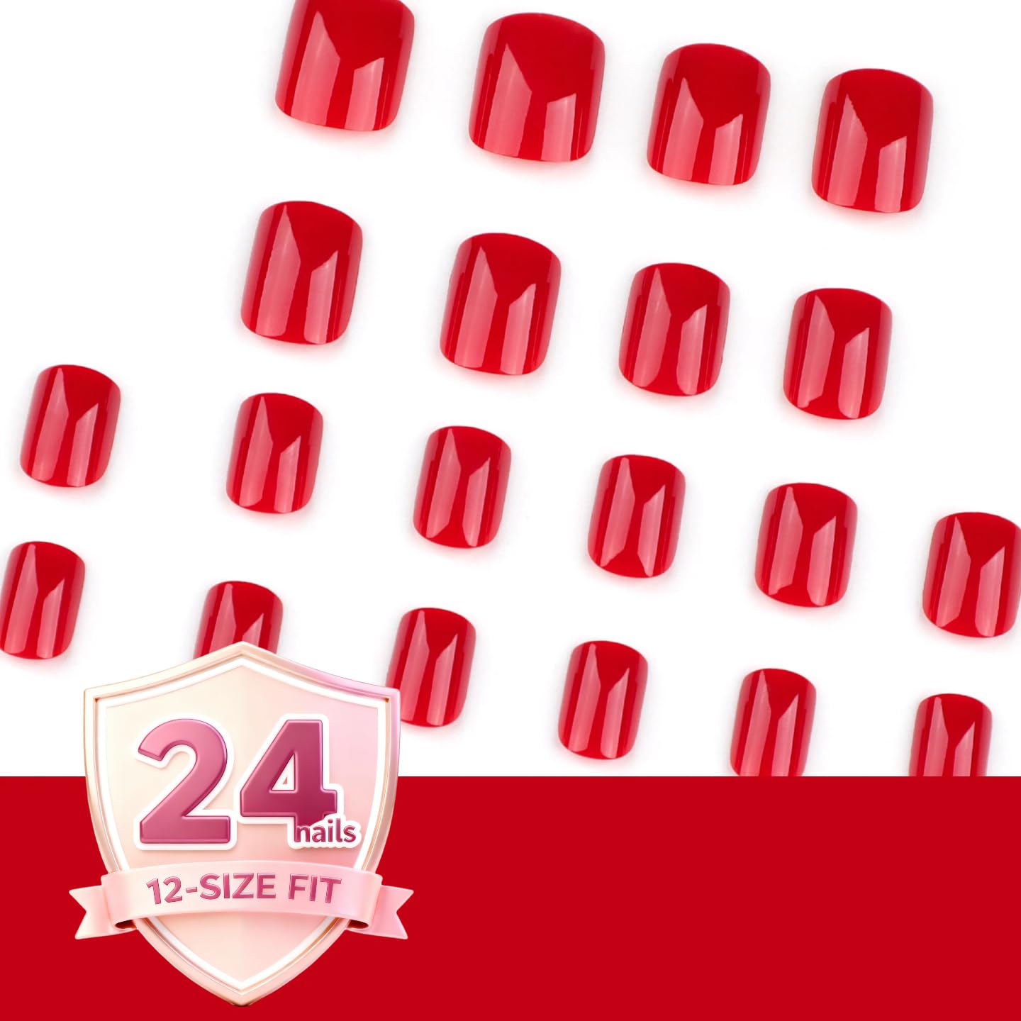 Red Short Press On Nails, Glossy Classic Red Square Shape, Bold Salon Quality False Nails, Elegant Chic Style, 24 Pcs for Women