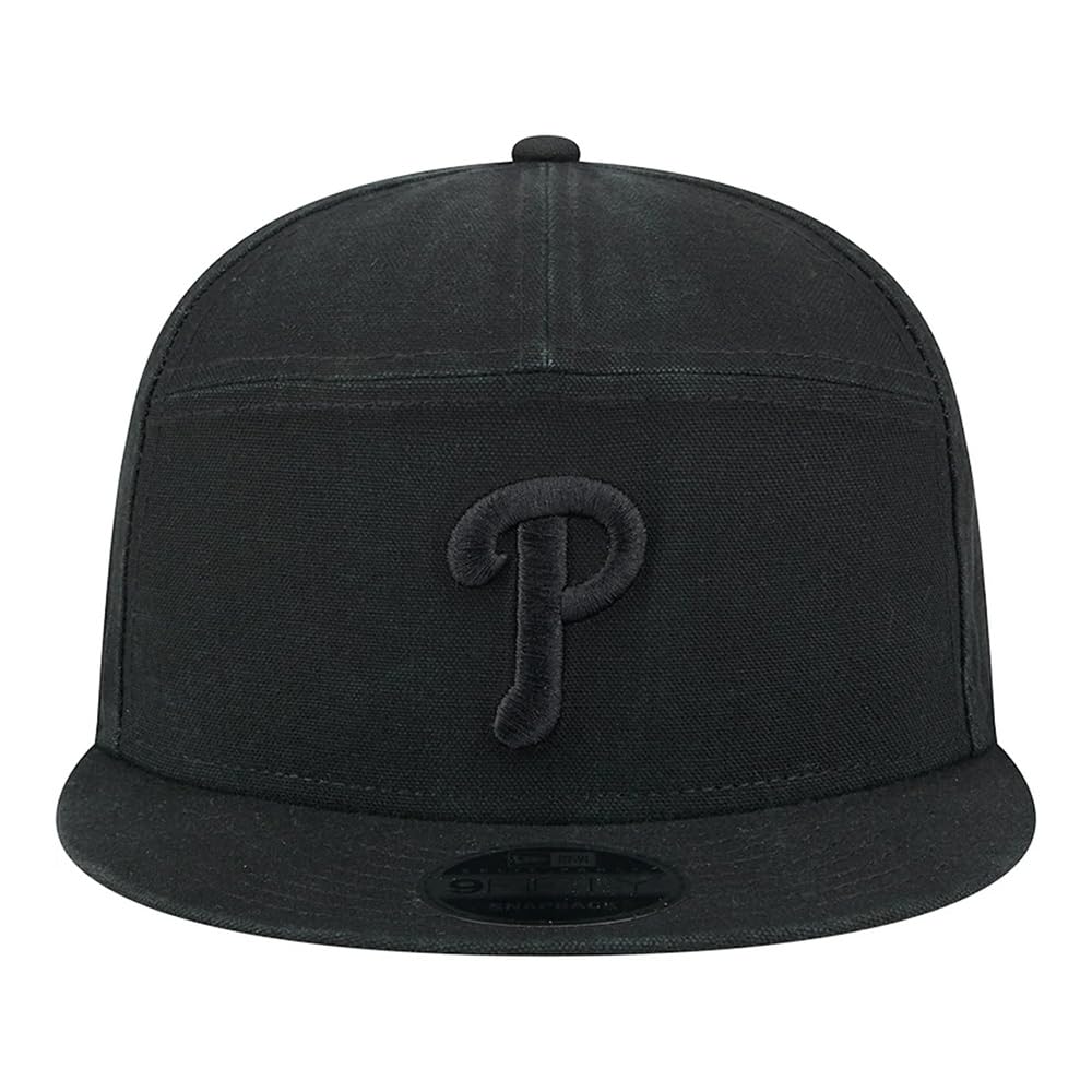 New Era 9FIFTY Black on Black Split Panel Cotton Canvas Snapback Cap, Hat (US, Alpha, One Size, Black Black, Philadelphia Phillies)